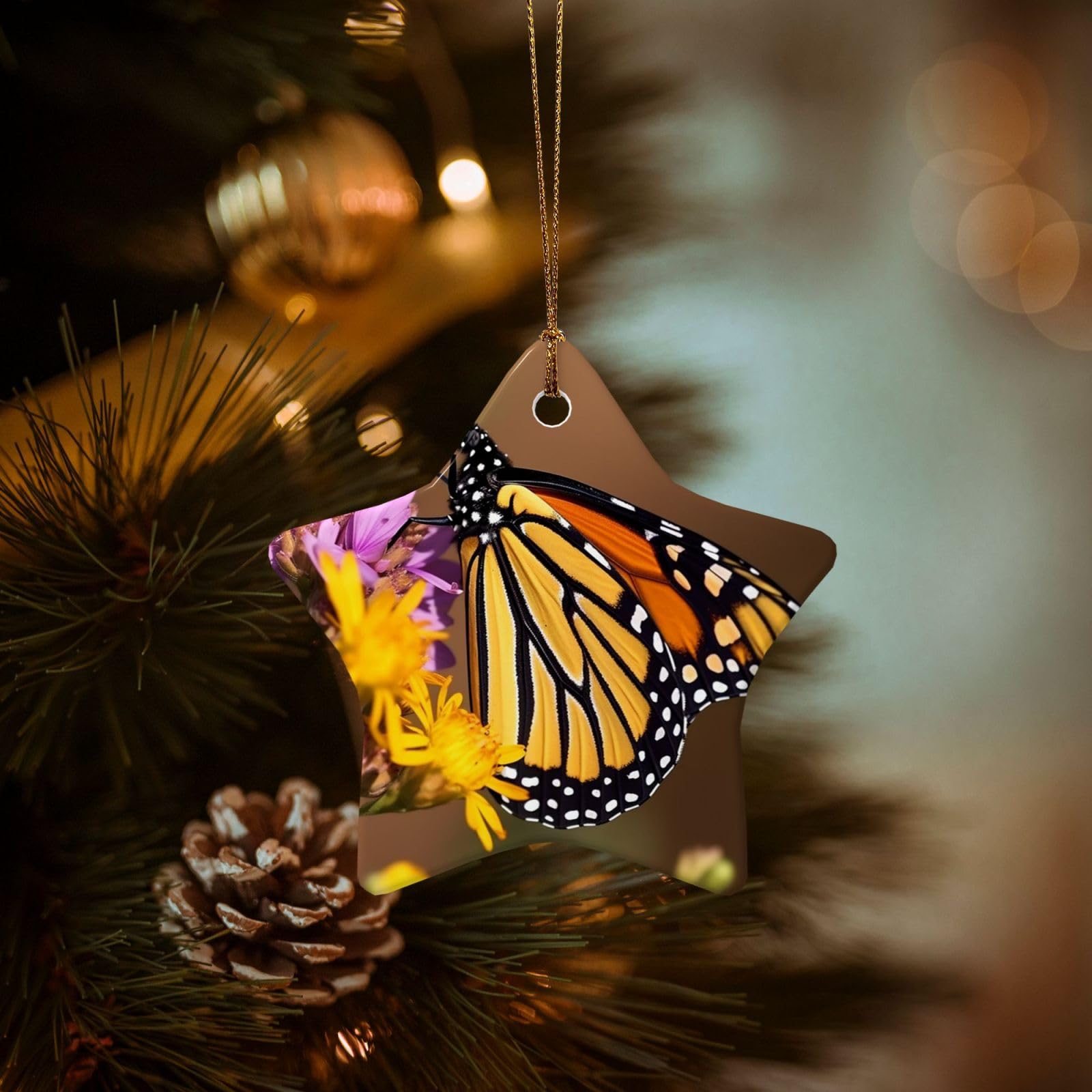 Christmas Ornaments for Christmas Tree Decoration Hanging Monarch Butterfly Ornament with Gold Ribbon Crafts Star Shape Ceramic Pendant for Keepsake Gifts Xmas Decor Party Supplies