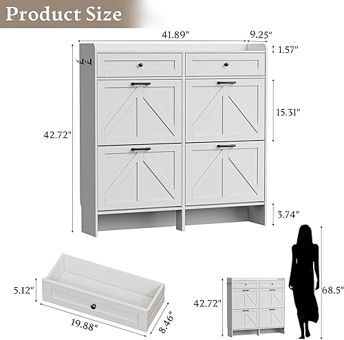 Miniatura 2 de Armario de almacenamiento de zapatos para entrada, armario ancho de casa de campo con 4 cajones abatibles y 2 cajones superiores, organizador