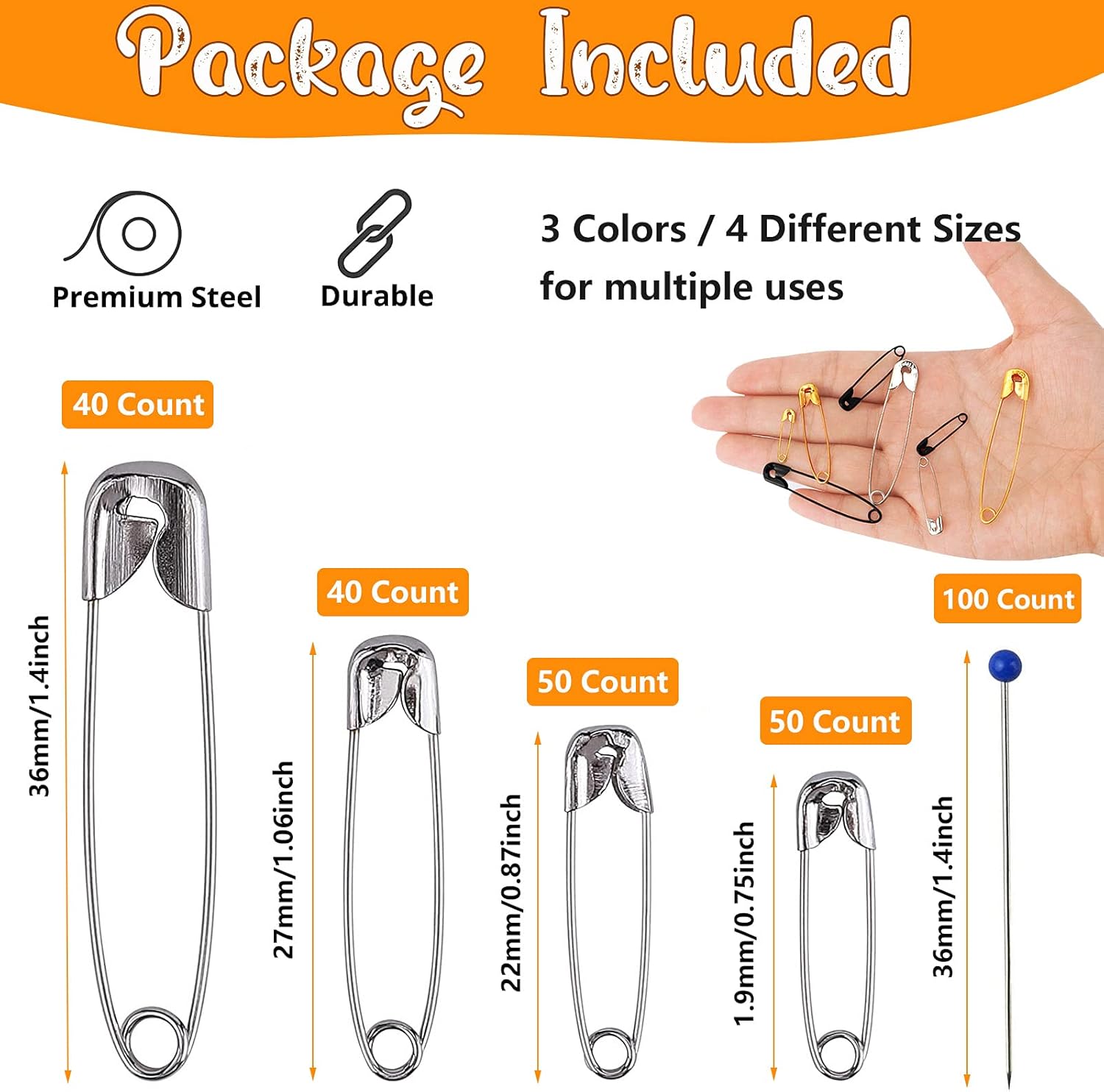 540 Pack Safety Pins with 100PCS Push Pins, 4-Sizes in 3 Colors 1-1.5inch Assorted Safety Pins for Clothes Sewing Quilting Jewelry Making DIY