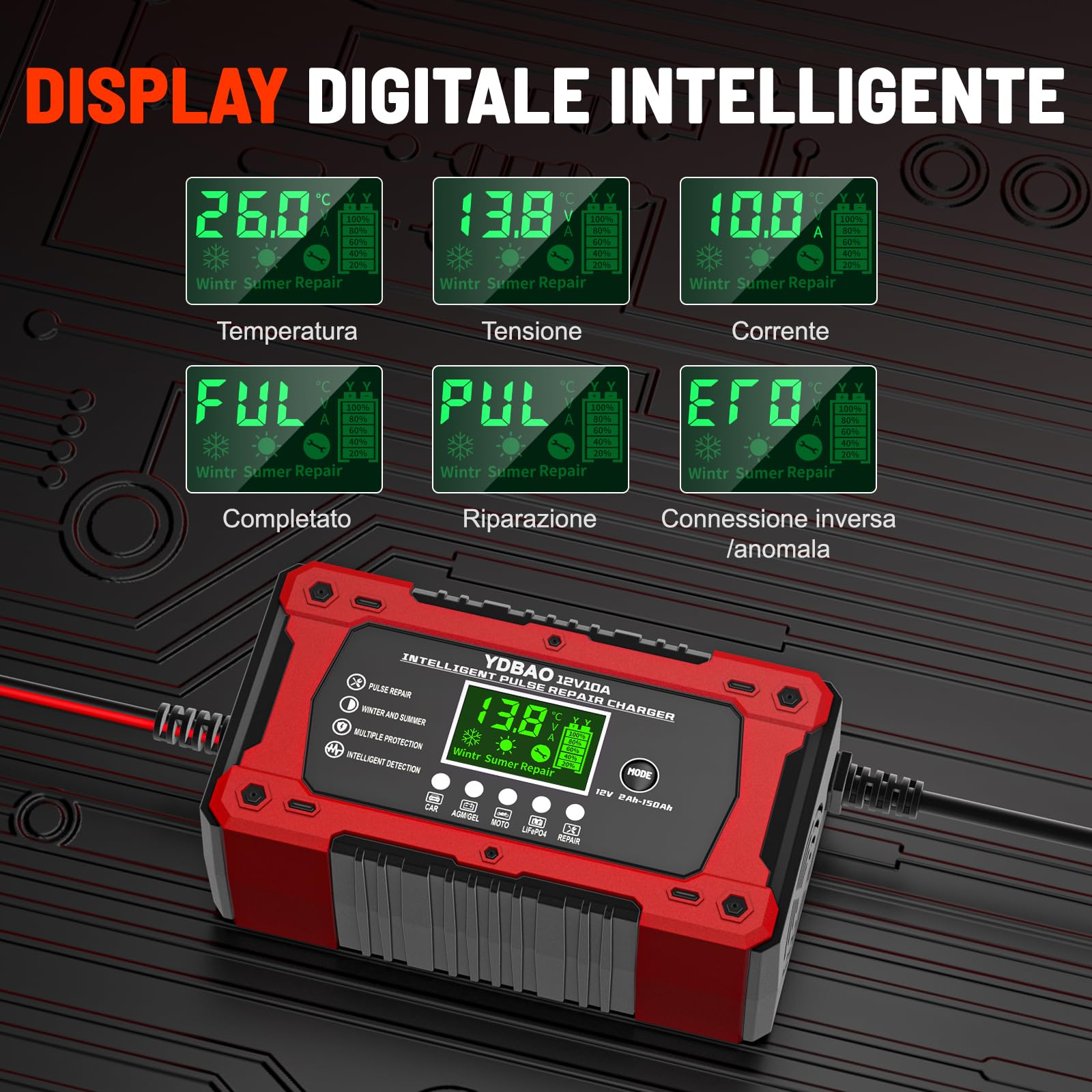 YDBAO Caricabatterie Auto 10A 12V Multi Protezioni Carica Batteria per Auto Intelligente Mantenitore di Carica Auto Moto con Schermo LCD per Moto, Barche, Auto, Batteria AGM, LiFePO4