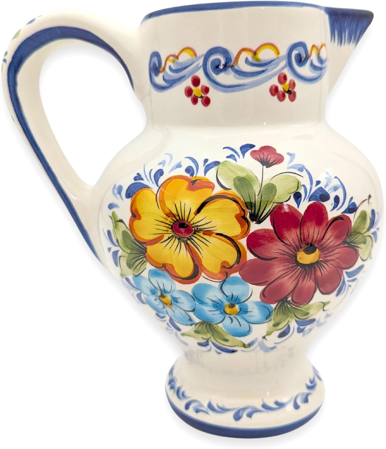 Generic Hand Painted Portuguese Pottery Ceramic Flower Pitcher Vase, 8” x 5.5” x 8”, White, Red, Green, Yellow