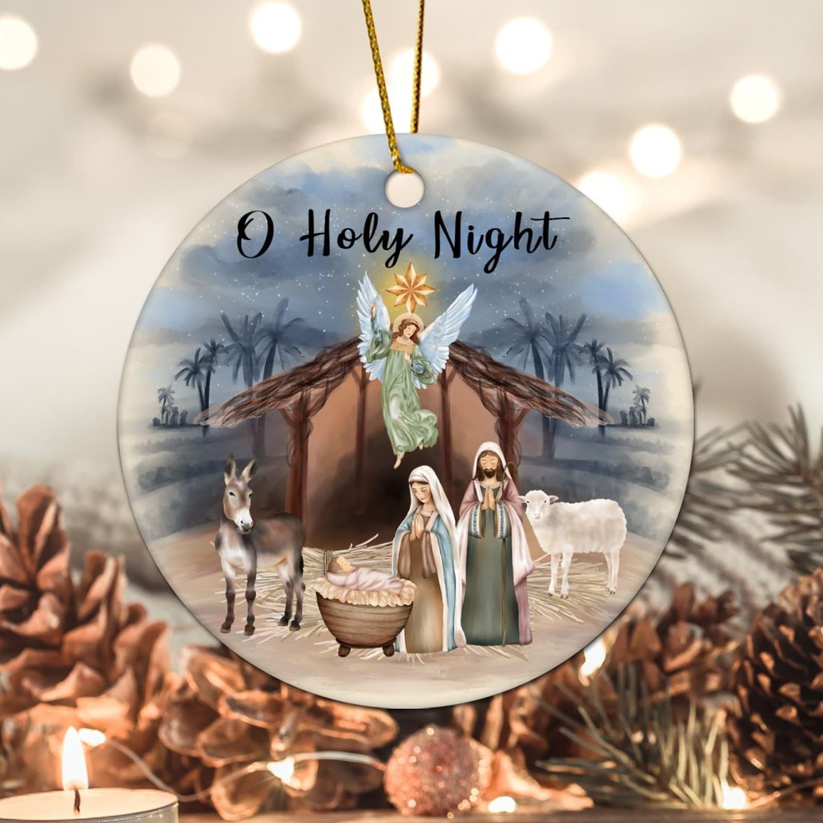 Evans1nism Style-18 Farm Decor Nativity Scenes Christmas Ornament O Holy Night Religious Manger Christmas Tree Ornament Jesus Nativity 3.2 Inch Two Side Printed Hanging Ornaments For Winter Christmas