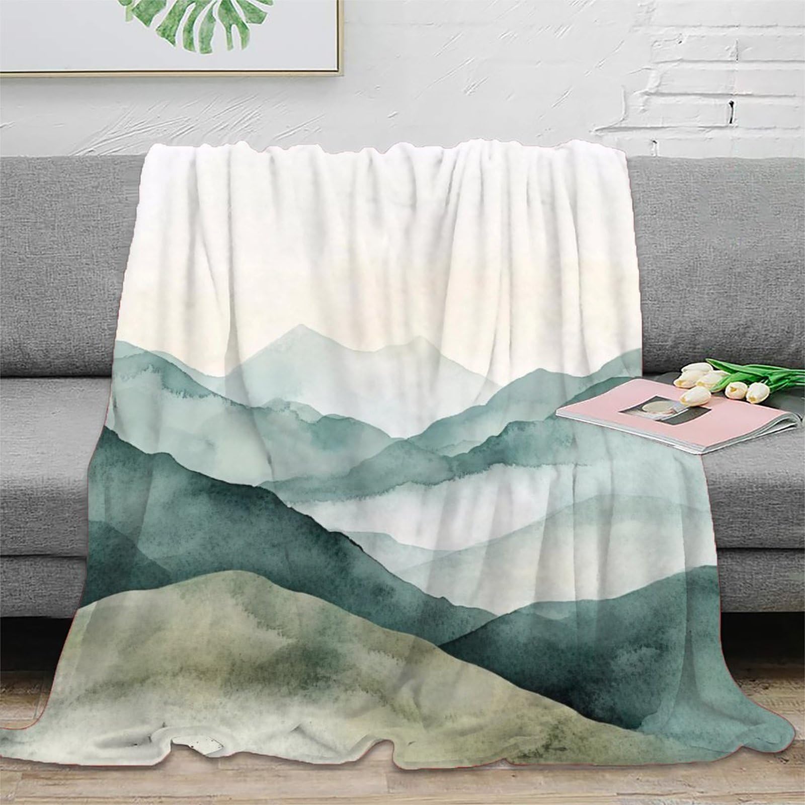 Plaid couverture microfibre 3D montagne aquarelle 150x200cm pour lit et canapé