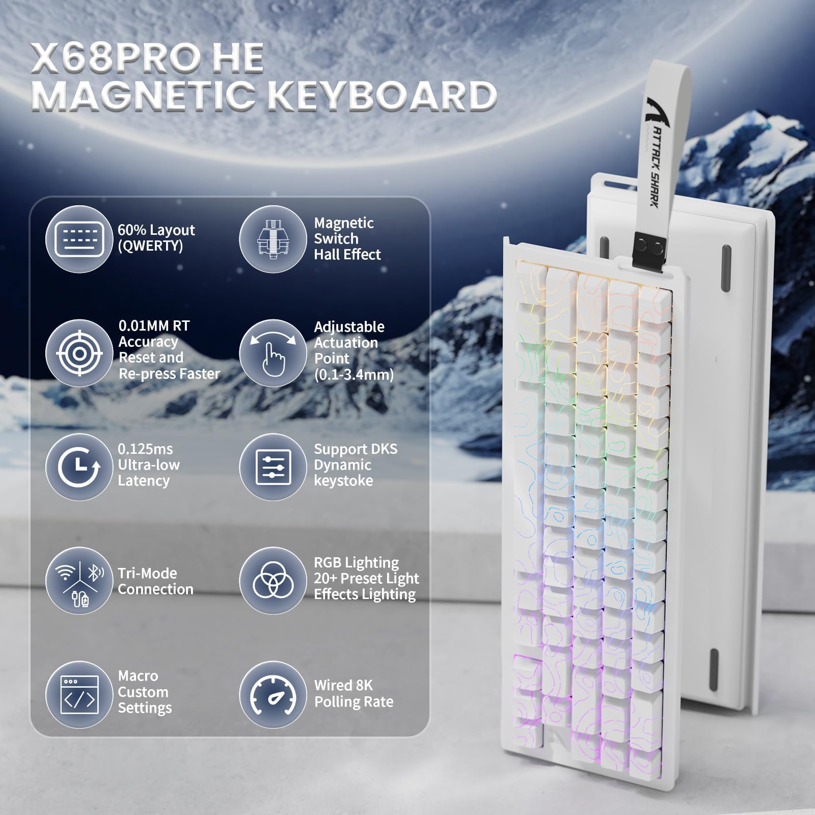 ATTACK SHARK X68PRO HE Teclado Gaming Inalámbrico con Gatillo Rápido, Precisión RT de 0,01 mm, 8000Hz, Interruptores Magnéticos Teclado con C01Cable, Activación Ajustable, Snap Tap, RGB - Blanco