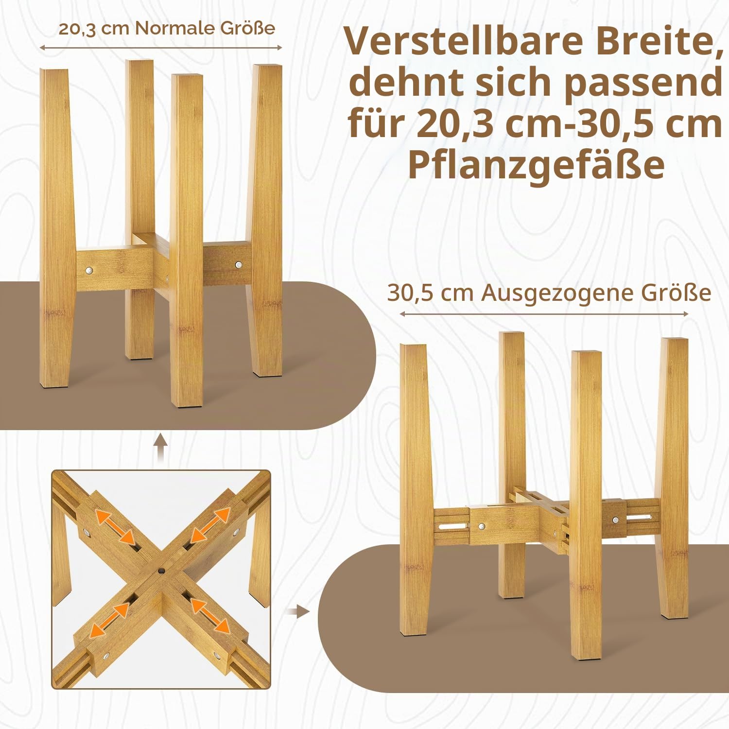 VASZOLA Verstellbarer Pflanzenständer aus Bambus für Einzelne Große Pflanzgefäße im Innenbereich, Robuster Bodentopfhalter für 20 bis 30 cm, Mid-Century-Stil, Erhöht für Blumen, Walnuss, 2 Packung