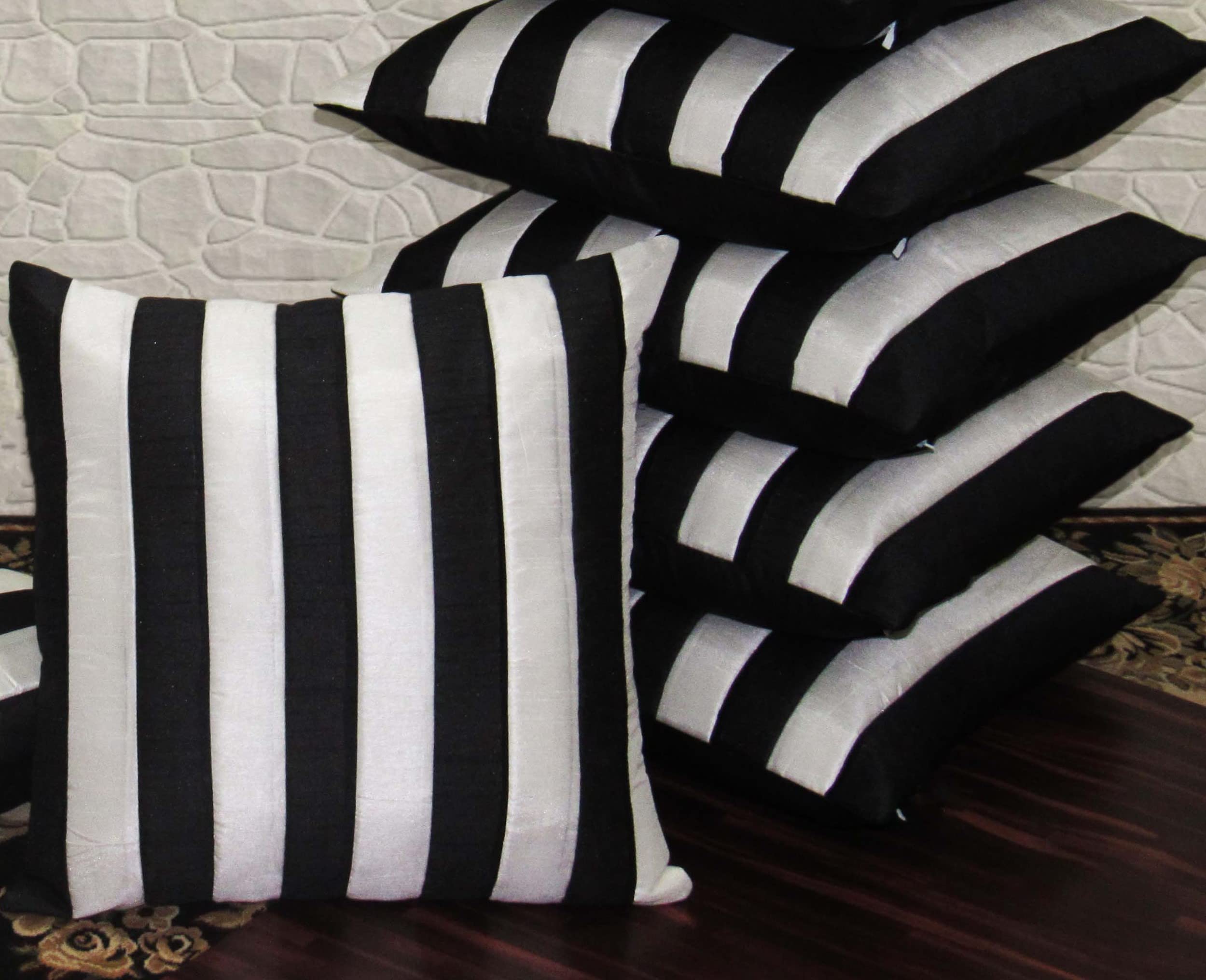 Zikrak Exim Stripe Cushion Cover Pack of 5 (Black & White, 20 X 20 INCH)-image-27