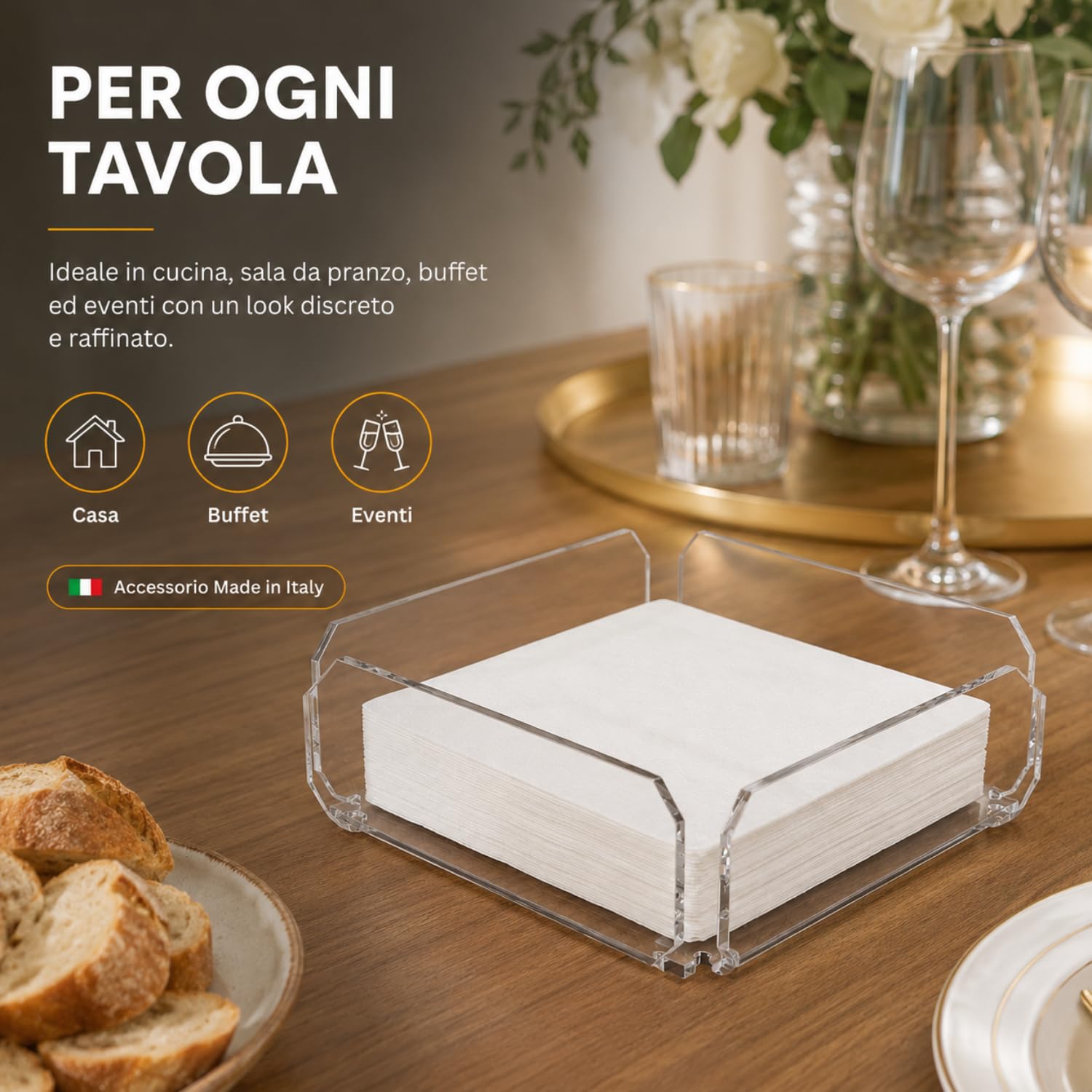 Agplex Portatovaglioli in vetro acrilico trasparente 20,5x 20,5 x5,8 cm, Porta tovaglioli da tavola design moderno - Made in Italy