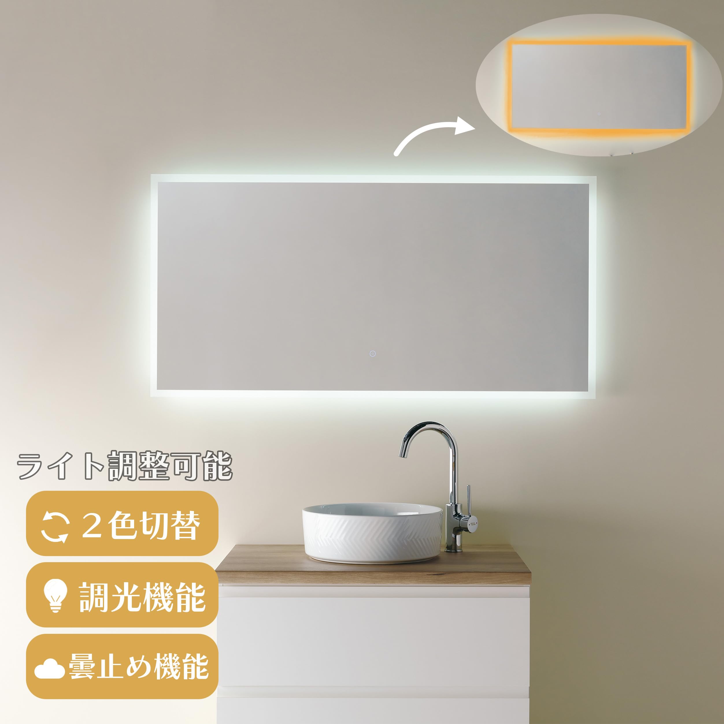 Amazon.co.jp: mizunohana LED ミラー 鏡 壁掛け 照明付き 角型