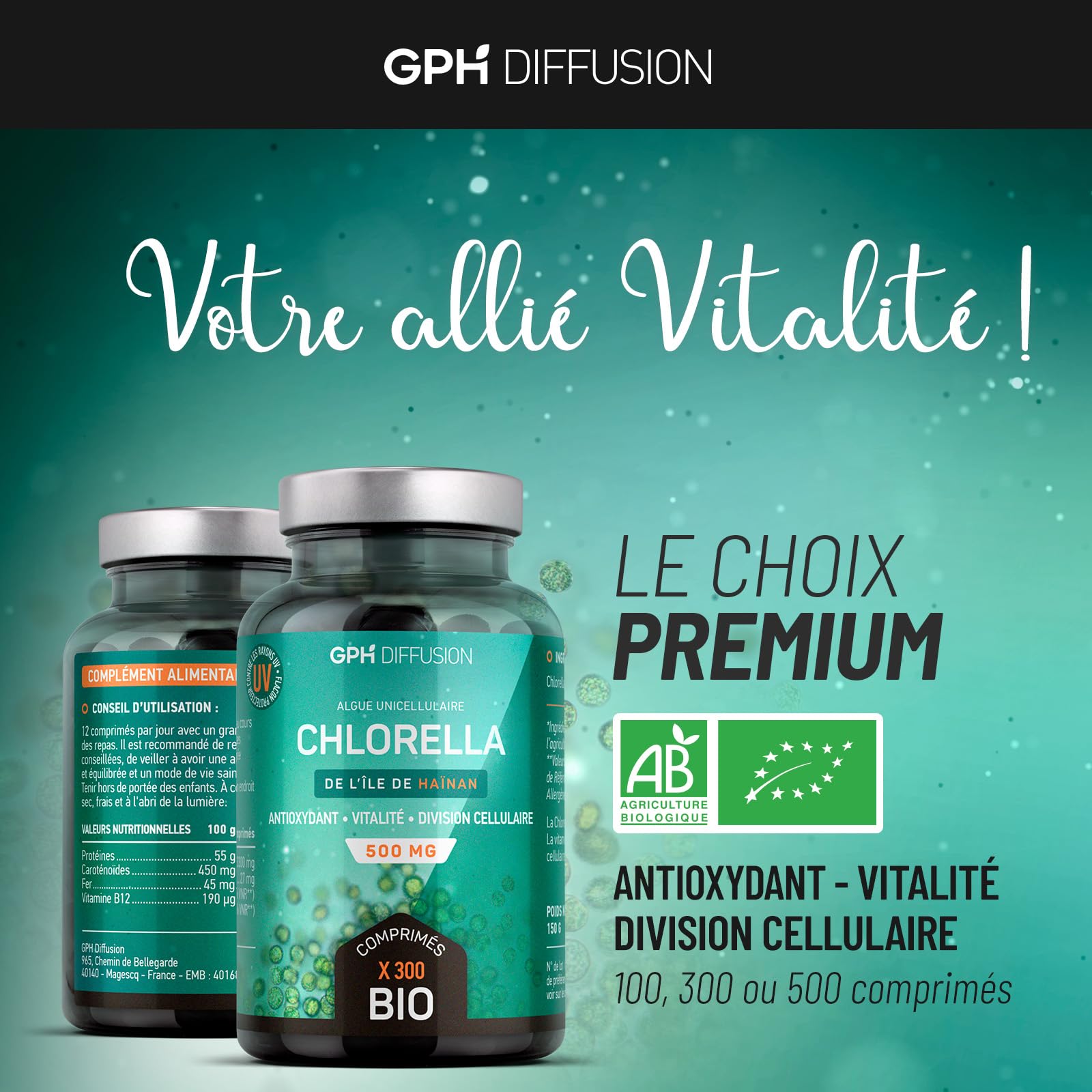 Chlorella BIO | 6000 mg/jour | Antioxydant, Vitalité | Sans Additif | 500 Comprimés | GPH Diffusion