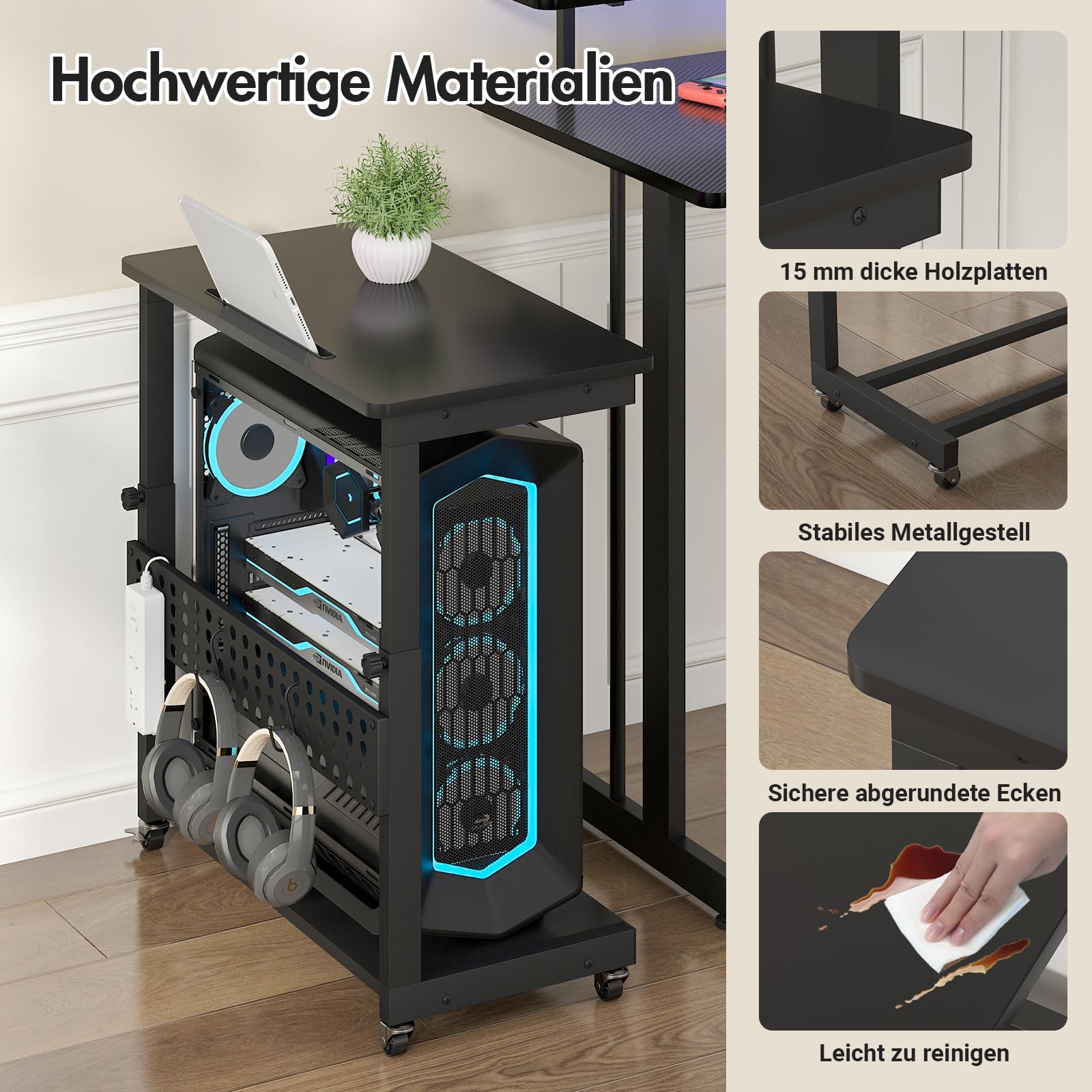 Höhenverstellbarer Computer Tower Ständer, PC Ständer mit Rollen & Schlitz & Haken, 2 Schicht Computer Stand, PC Rollwagen, Druckerständer, CPU Stand für Heimbüro, Schreibtisch, Computertisch, Schwarz