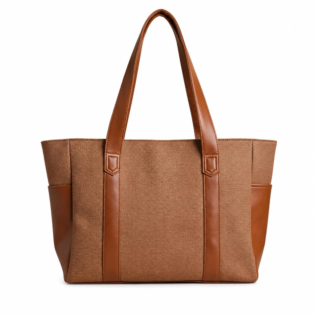 Women's Stylish Tan Tote Handbag, Canvas and Leather-image-28