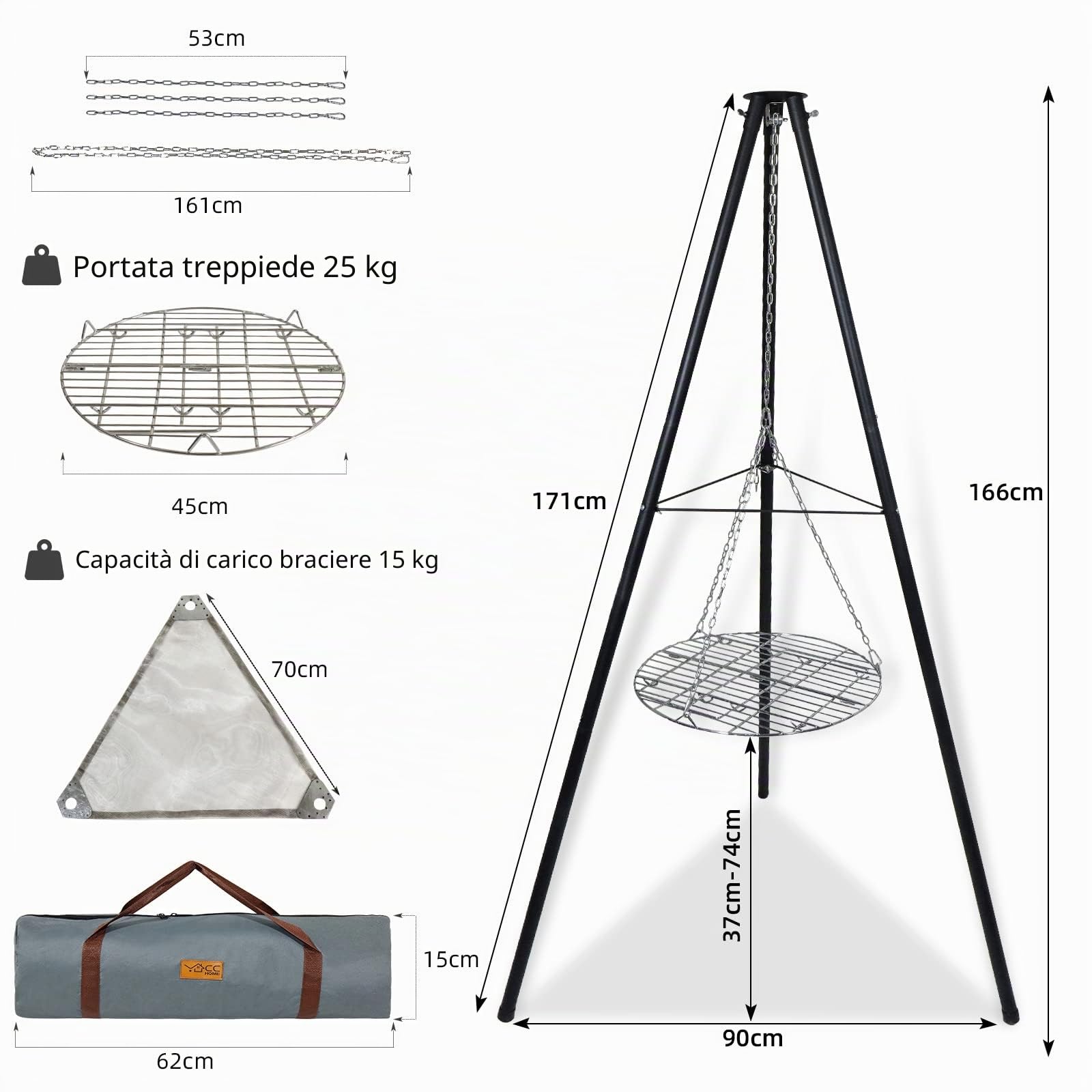 CCLIFE Griglia Treppiede Barbecue con Braciere,altezza 166 cm griglia Girevole Portatile,Catena Regolabile in Altezza