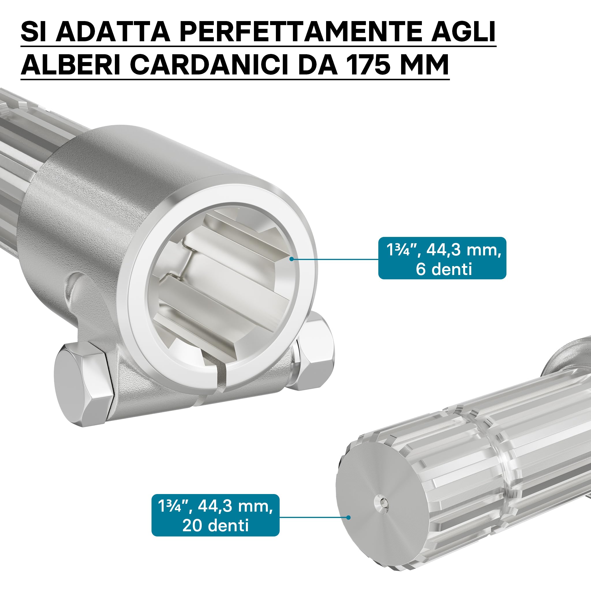 Wiltec Boccola Albero cardanico 175 mm Attacco Albero scanalato 1 3/4" 6D Albero Uscita 1 3/4" 20D Trattore