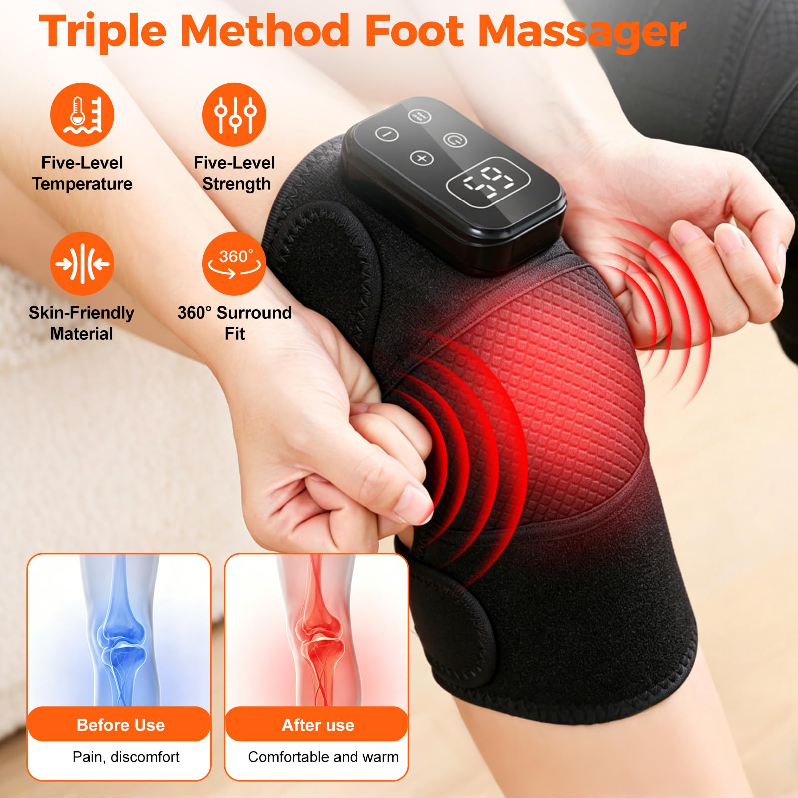Knie Massagegerät, Elektrisches Kniemassagegerät mit 5 Heizstufen (45-65°C) & 5 Vibrationsstufen, 30 Min Timer, Knee Massager für Knie, Ellenbogen & Schulter