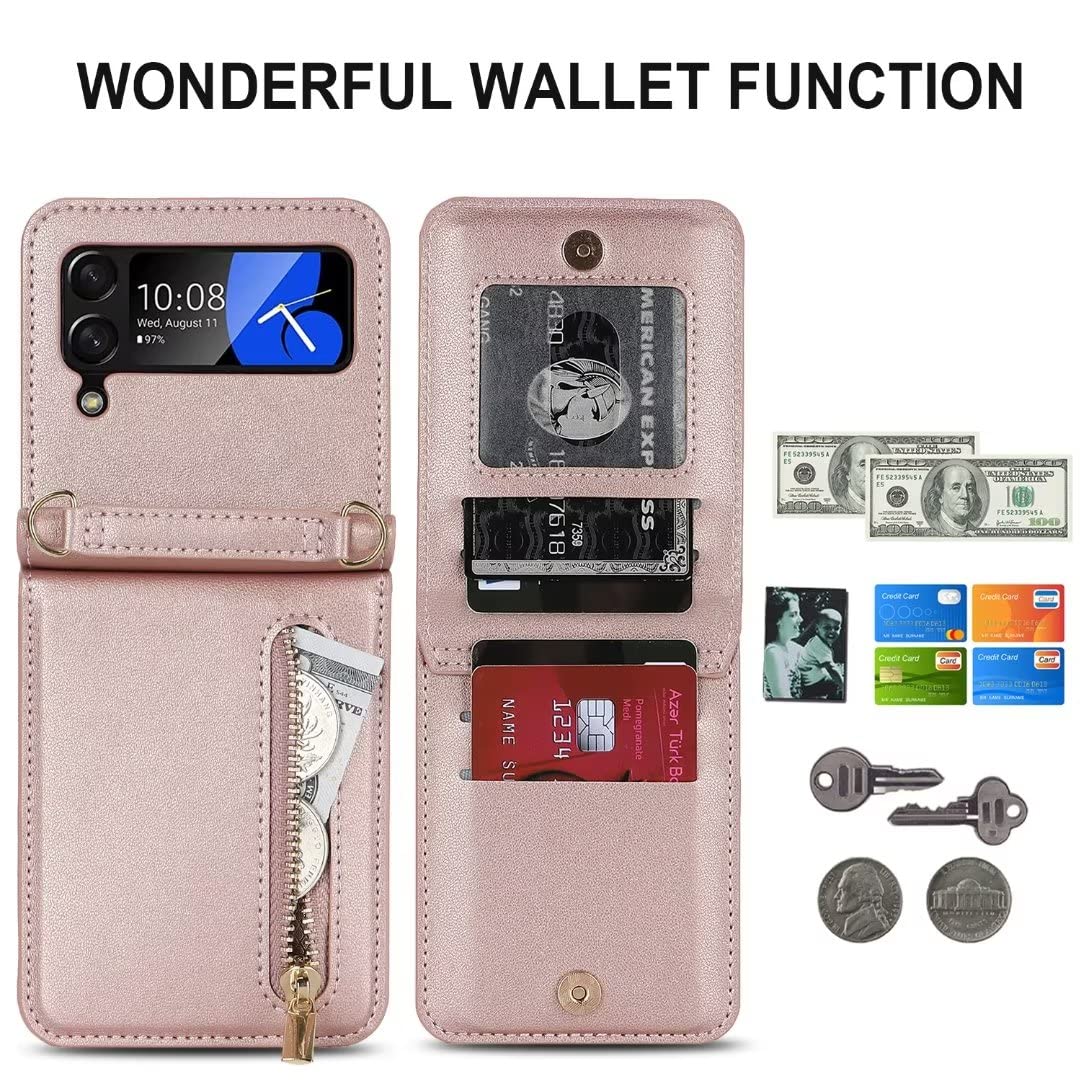 XIMAND for Samsung Galaxy Z Flip 4 Luxury Zipper Wallet Phone Case, Multi-function Kickstand Card Holder Adjustable Crossbody Strap, Fashion Flip Case?perfect for The modern Women and Girls?RoseGold?