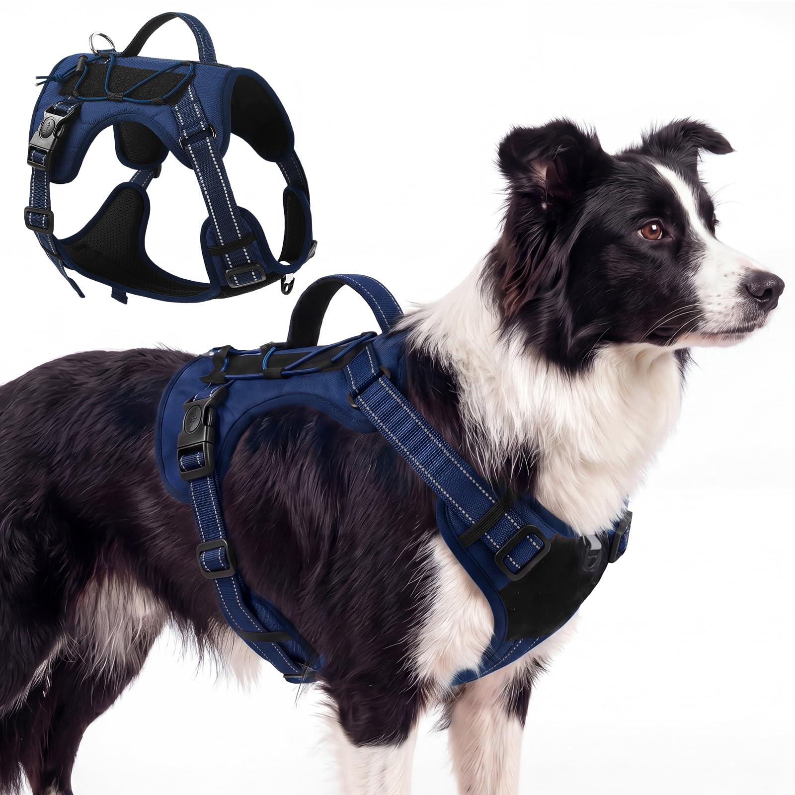 Olcyren Dog Harness, Adjustable Reflective Tactical No-Choke Dog Harness with Easy Control Handle, Comfortable Breathable Mesh Pet Vest for Small Medium Large Dogs Walking (Dark Blue, M)