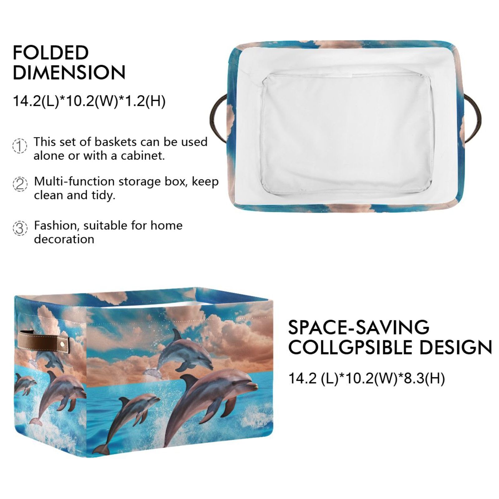PaChyLuu Ocean Dolphins Jumping Storage Basket Bin Canvas Fabric Organizer Toys Basket with Handles for Home Office Nursery, Clothes, Gifts, 1 Pcs