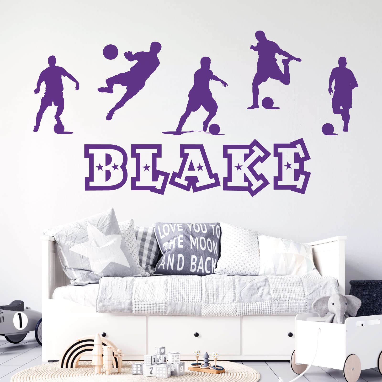Personalised Name Boys Wall Art Sticker - Football, Soccer Game Silhouettes Theme [Large] [Purple]
