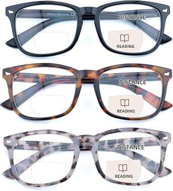3 Pack Bifocal Reading Glasses for Women Men Bi-focal Readers PC Frame Fixed Hinge Dual Focal Clear Top Eyewear