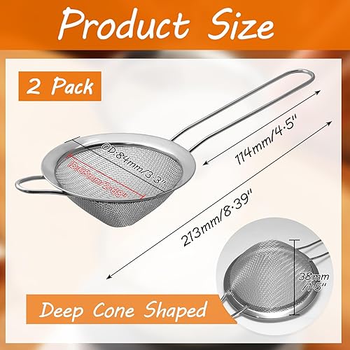 Miniatura 2 de Biaungdo 2 coladores de malla fina de 3.3 in3.3 pulgadas, colador de té de acero inoxidable, coladores de malla cónica para cóctel, café, alimentos,