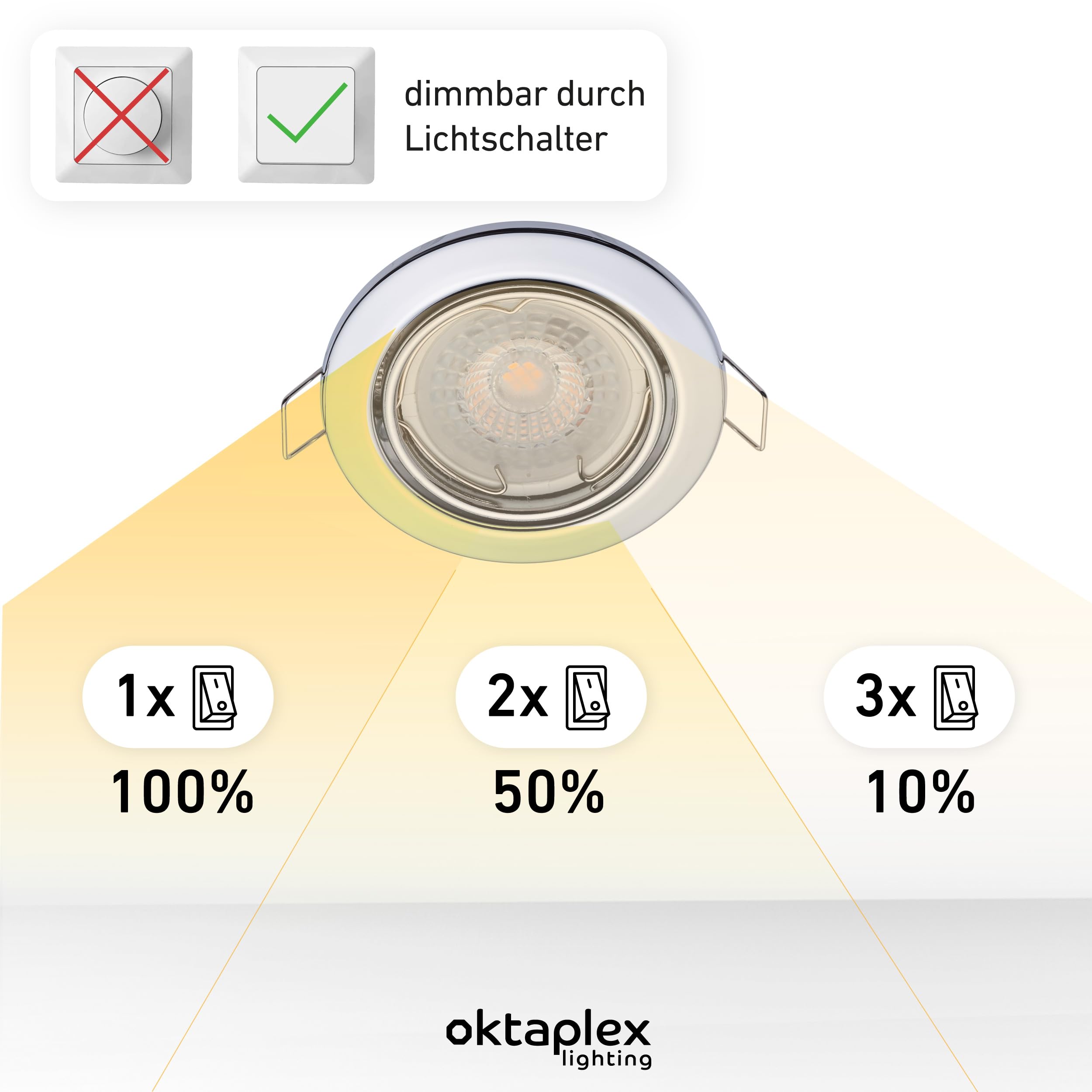 Oktaplex 6er Set Dijon LED Deckenspots 230V 3-Step dimmbar schwenkbar flach | 22mm Einbautiefe, Warmweiß 2700K, Lochmaß 68mm, 4,8W, 380lm, 110°, Einbaustrahler Chrom, rund