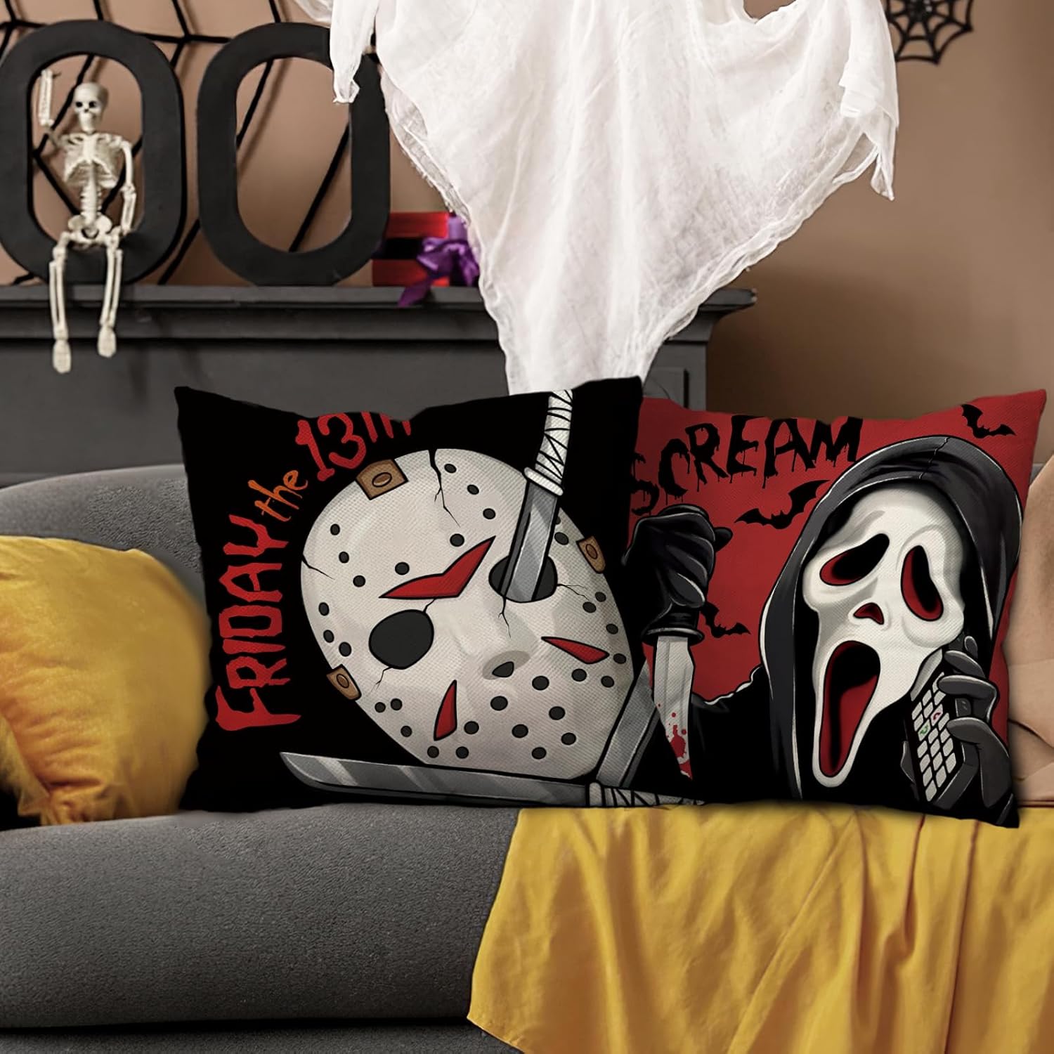 Pycat Halloween Horror Movie Characters Decorative Throw Pillow Covers 18 x 18 Set of 4, Red Black Scary Grim Reaper Mask Porch Outdoor Home Decor, Scream Bloody Knives Bat Sofa Couch Cushion Case