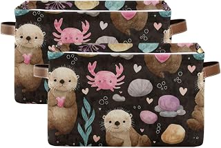 2 Pack Dark Otters Crabs Hearts Stones Fabric Storage Bin with Waterproof Canvas Storage Baskets Double Leather Handles for Organizing Clothes Sheets Toys Books