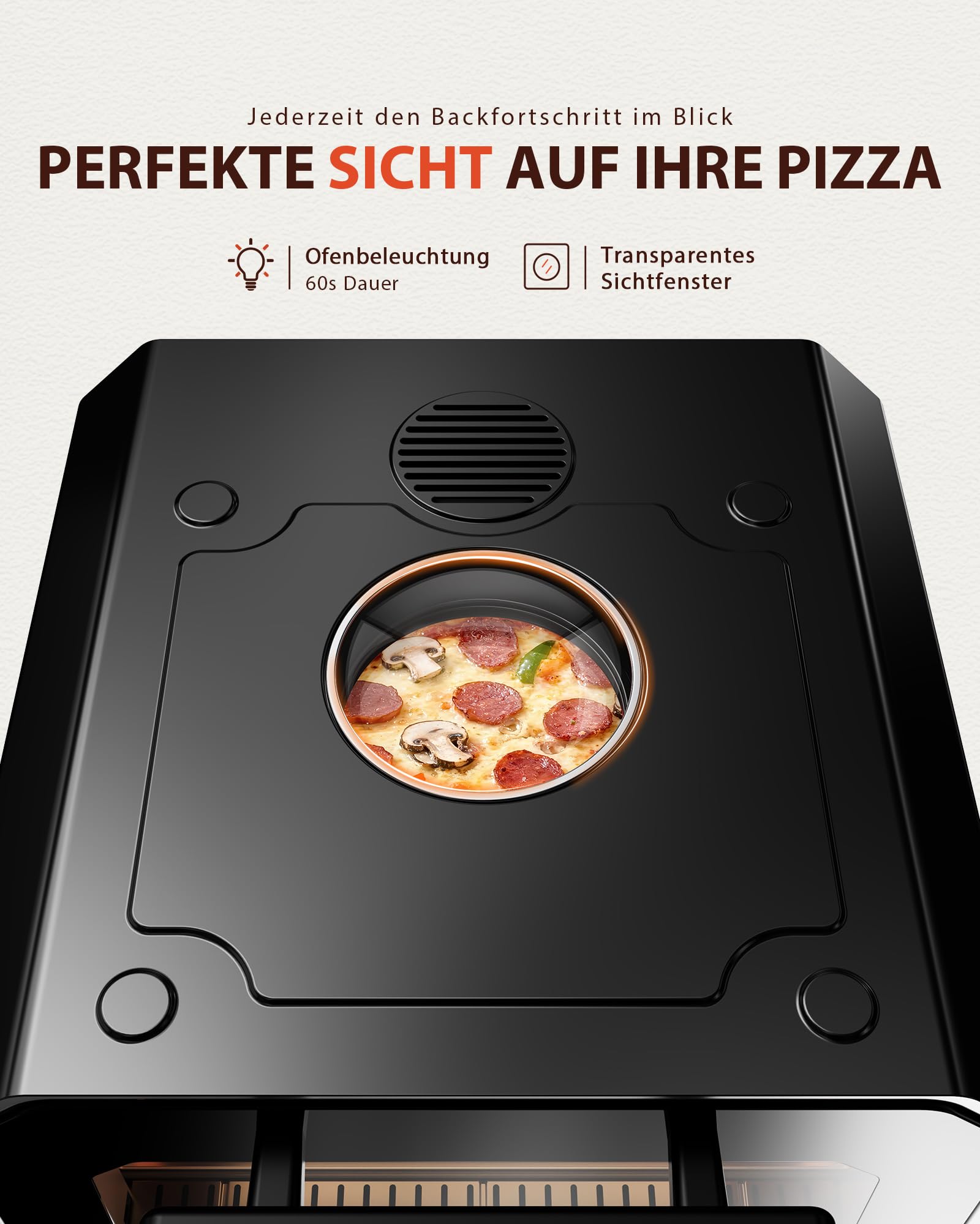 Pizzaofen Elektrisch 450°C – Neapolitanische Pizza in 90 Sek, Sichtfenster & Innenbeleuchtung, 6 Programme & & 6 Kochmodi, Profi-Koch-Modus, Pizzaschaufel & Pizzastein & Backblech,Schwarz