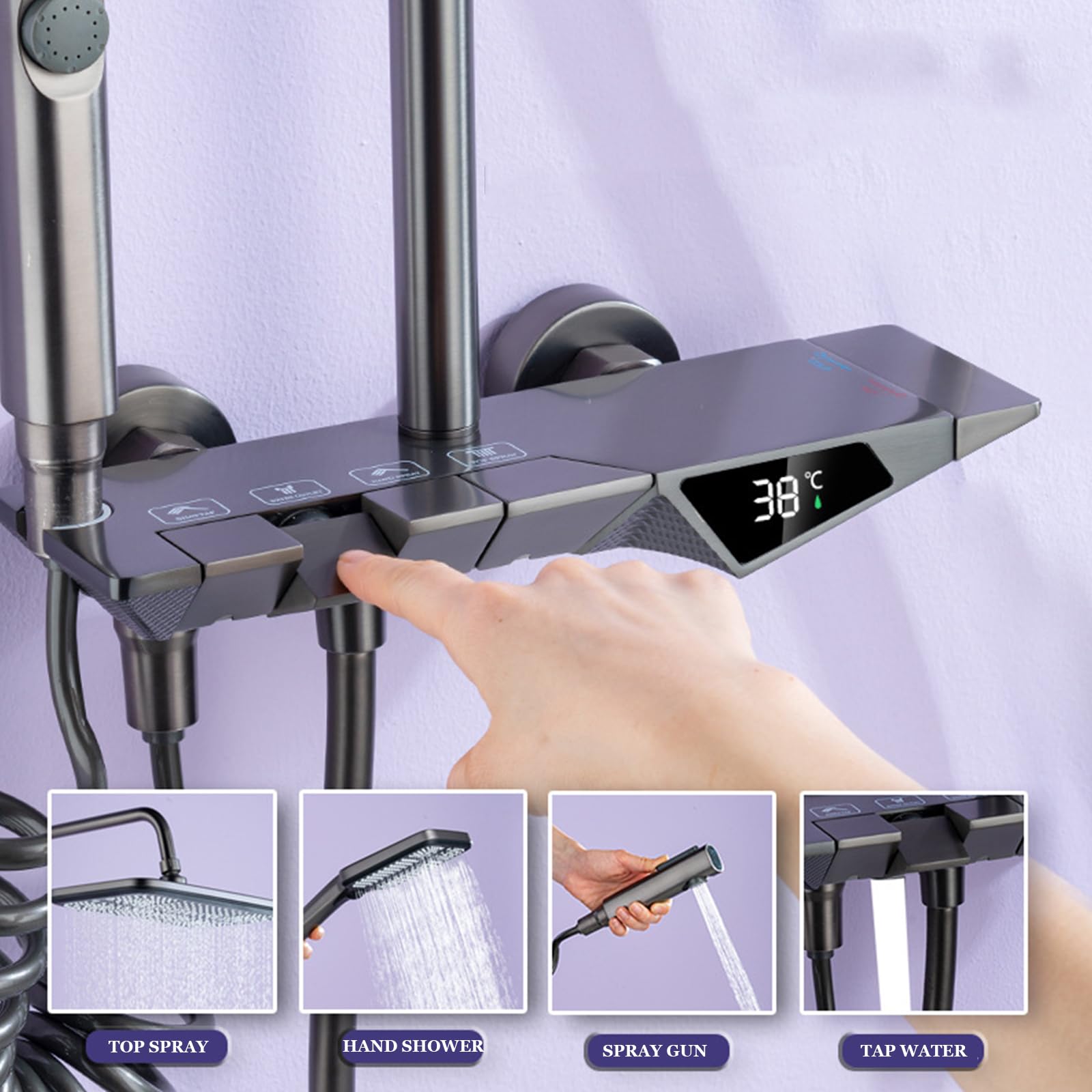 Set di rubinetti con Display Digitale per Sistema Doccia Grigio, Montaggio a Parete con beccuccio per Vasca, soffione a Pioggia, doccetta, Bidet