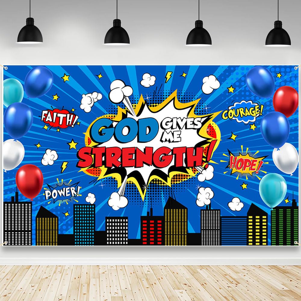 AIBIIN Blue God Gives Me Strength Church Christian Backdrop Banner 6x3.6ft | Church School Classroom Decorations Banner Jesus Religious Backdrop Background Photo Prop for Sunday School 70.8x43.3inch Blue