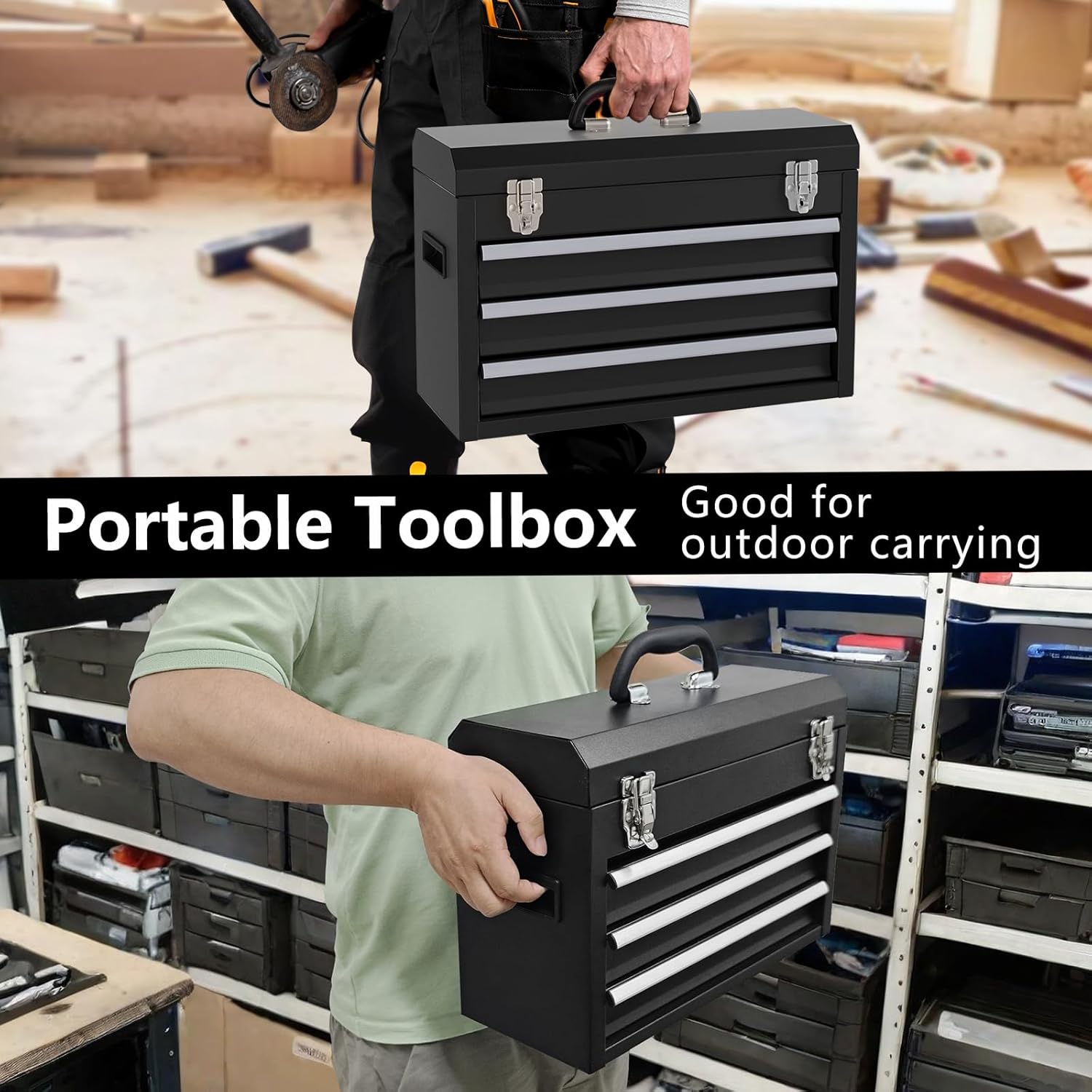 Portable Metal Tool Box, 3 Drawers Lockable Heavy Duty Tool Chest Storage Toolbox with Ball-Bearing Slides and 2 Metal Latches Closure for Garage, Workshop, Repair Shop (Black)