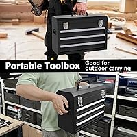 Vista 6 de Portable Metal Tool Box, 3 Drawers Lockable Heavy Duty Tool Chest Storage Toolbox with Ball-Bearing Slides and 2 Metal Latches Closure for Garage