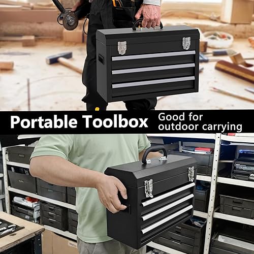 Miniatura 6 de Caja de herramientas de metal portátil, 3 cajones con cerradura y caja de herramientas de alta resistencia con toboganes de bolas y 2 cierres de