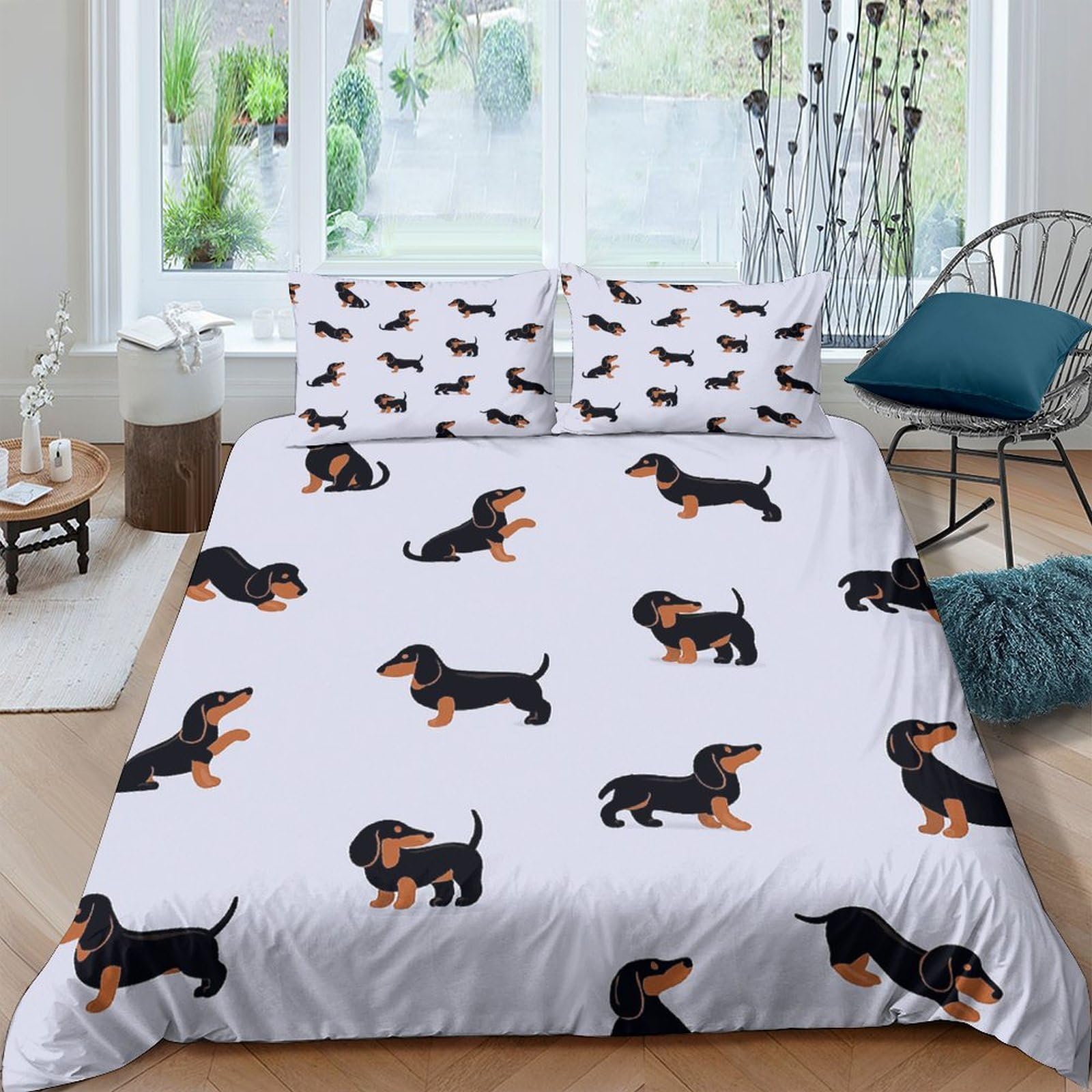 GPLZQXKJNH 3D Printed Dachshund Dogs Duvet Cover Microfiber Soft Breathable Sausage Dog Bedding Set with 2 Pillowcases for Bedroom Decor Single（135x200cm）