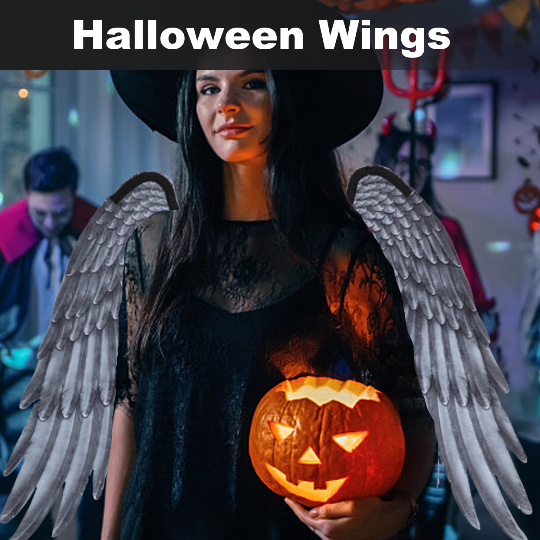 Engel Kostüm Frauen, Engel Flügel für Erwachsene Unisex Freigröße Federn Realistische Halloween Angel Flügel elastischer Schultergurt Nicht gewebter Flügel Kostüm für Party Cosplay Schwarz