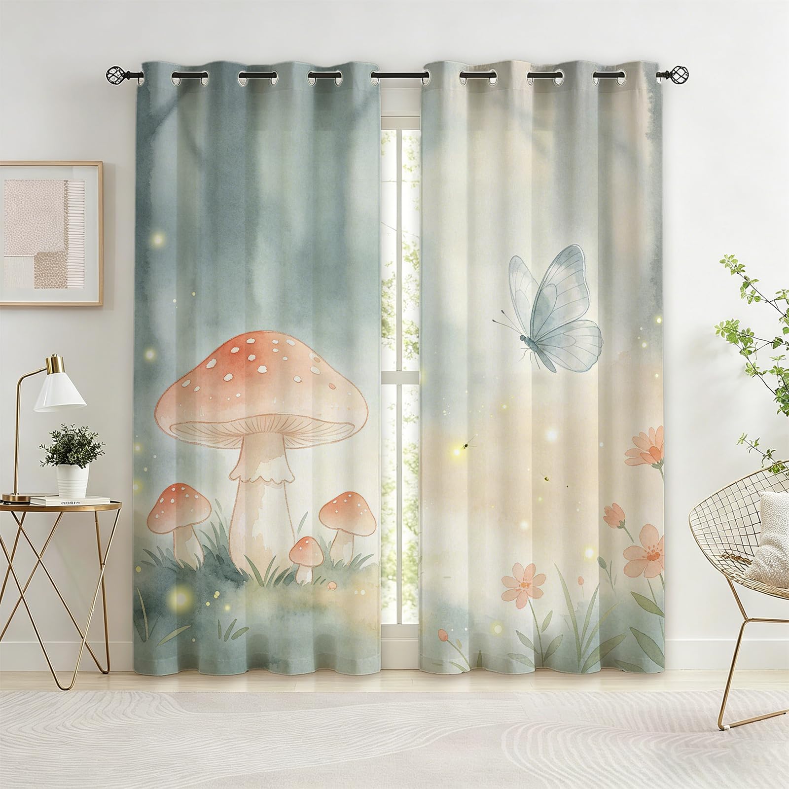 Tende Oscuranti Termiche Isolanti 140L x 260A cm (2 Pannelli) | Funghi Ad Acquerello Fiaba Curativa Protezione Dal Calore E Dal Freddo Con Occhielli Per Grandi Soggiorno e Doppi Portoni