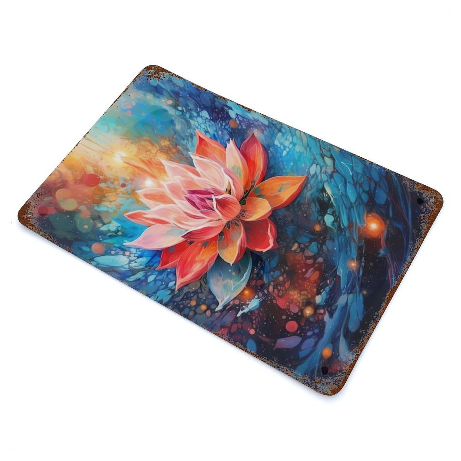 Aged Metal Wall Plaque with Cosmic Lotus Bloom Design 11.8"x7.9", for Garage, Bar And Workshop Decor, Rustic Home Decor