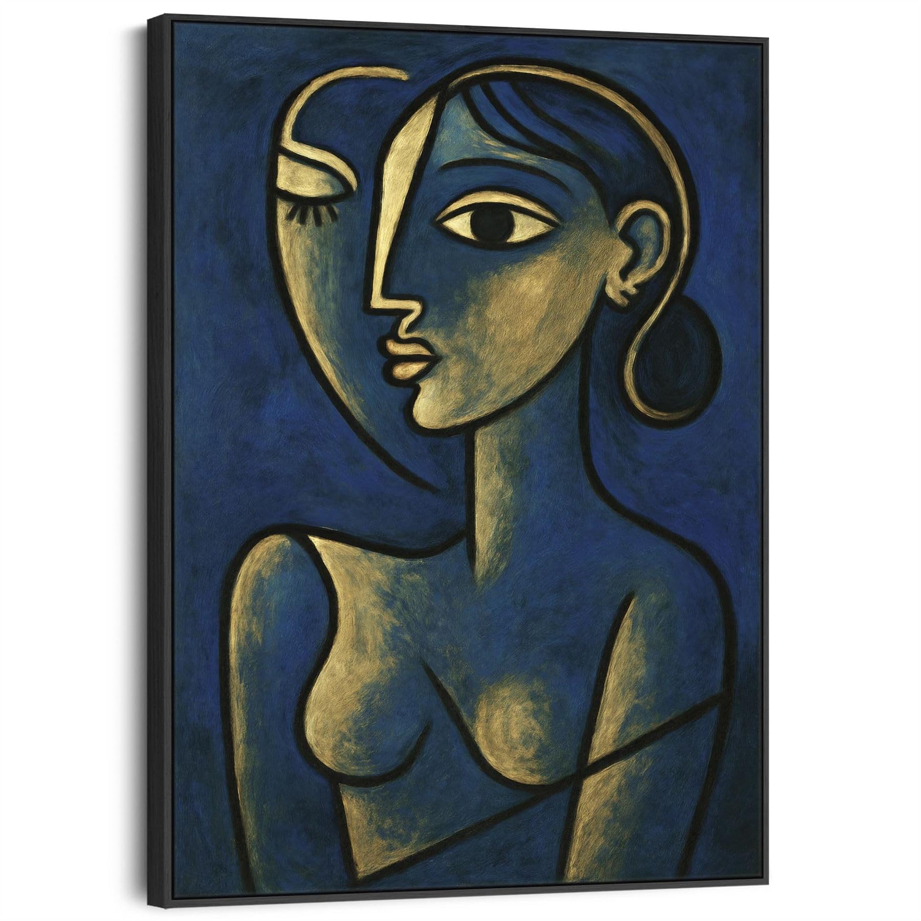 Wallfillers Blue Abstract Framed Canvas Print Picasso Style - Thoughtful Silence (82cm x 123cm)