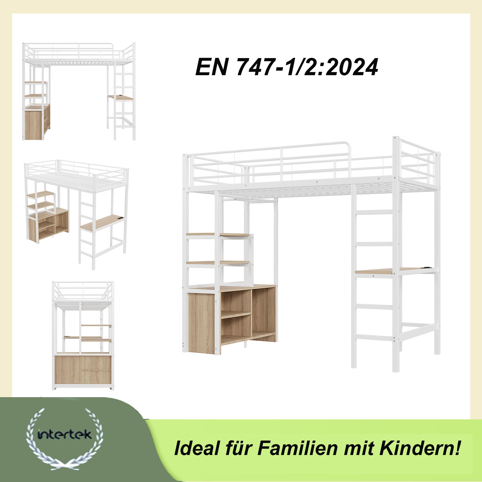 Merax Kinderbett Hochbett 90x200, Etagenbett mit Schreibtisch, Steckdose & USB, Metallbett mit Kleiderschrank und Regale, Bettgestell(ohne Matratze) für Kinder und Erwachsene, Weiß