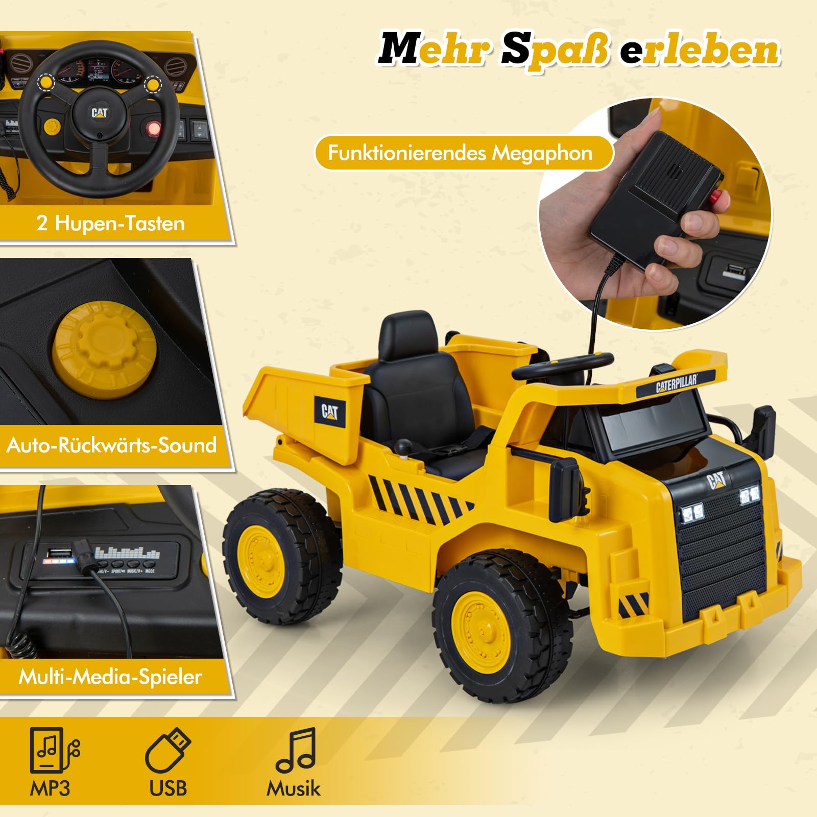 COSTWAY Caterpillar Elektroauto für Kinder, 12V Muldenkipper zum Draufsitzen mit Sandschaufel & Kippbett & Megafon, Elektro Kinderauto mit Fernbedienung, Aufsitz Kipper für Kinder ab 3 Jahren