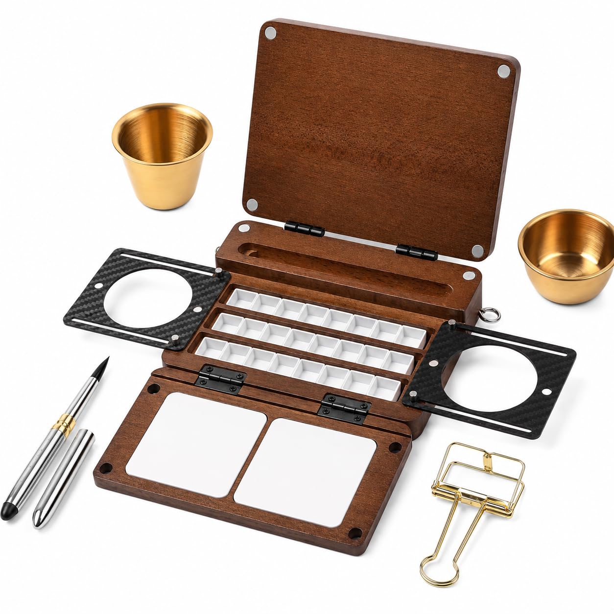 Palette aquarelle 24 puits, bois de noyer, pinceau et tasse