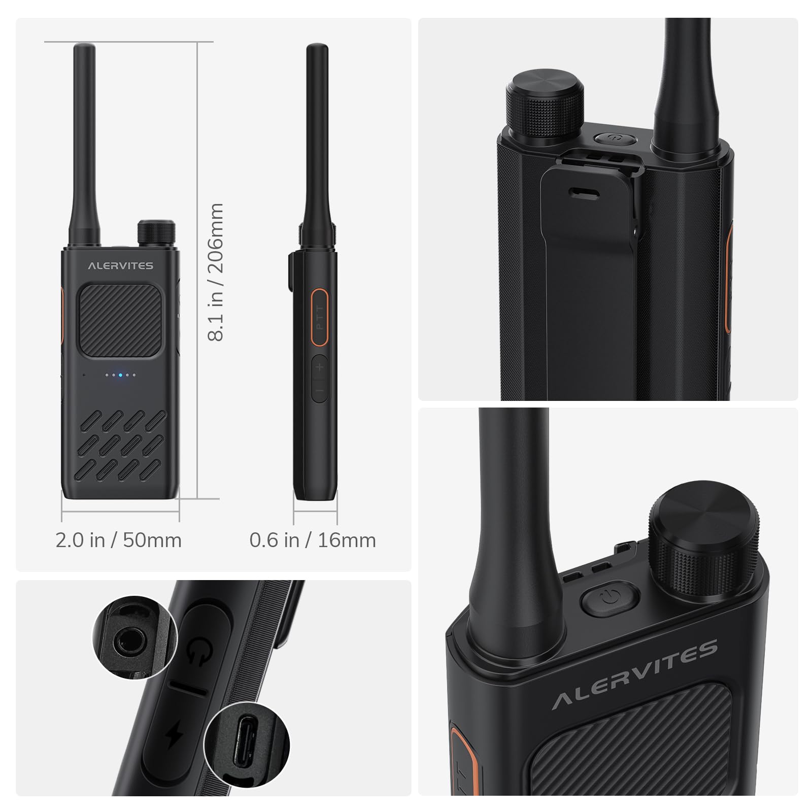 AT2 Walkie Talkie UHF con Messaggistica Off-Grid (Testo e Foto), Programmazione App Wireless, Doppio PTT, 30CH, Batteria 2200mAh, USB-C, Clone Radio, Sync Canale, Outdoor/Emergenza, 2 Pezzi