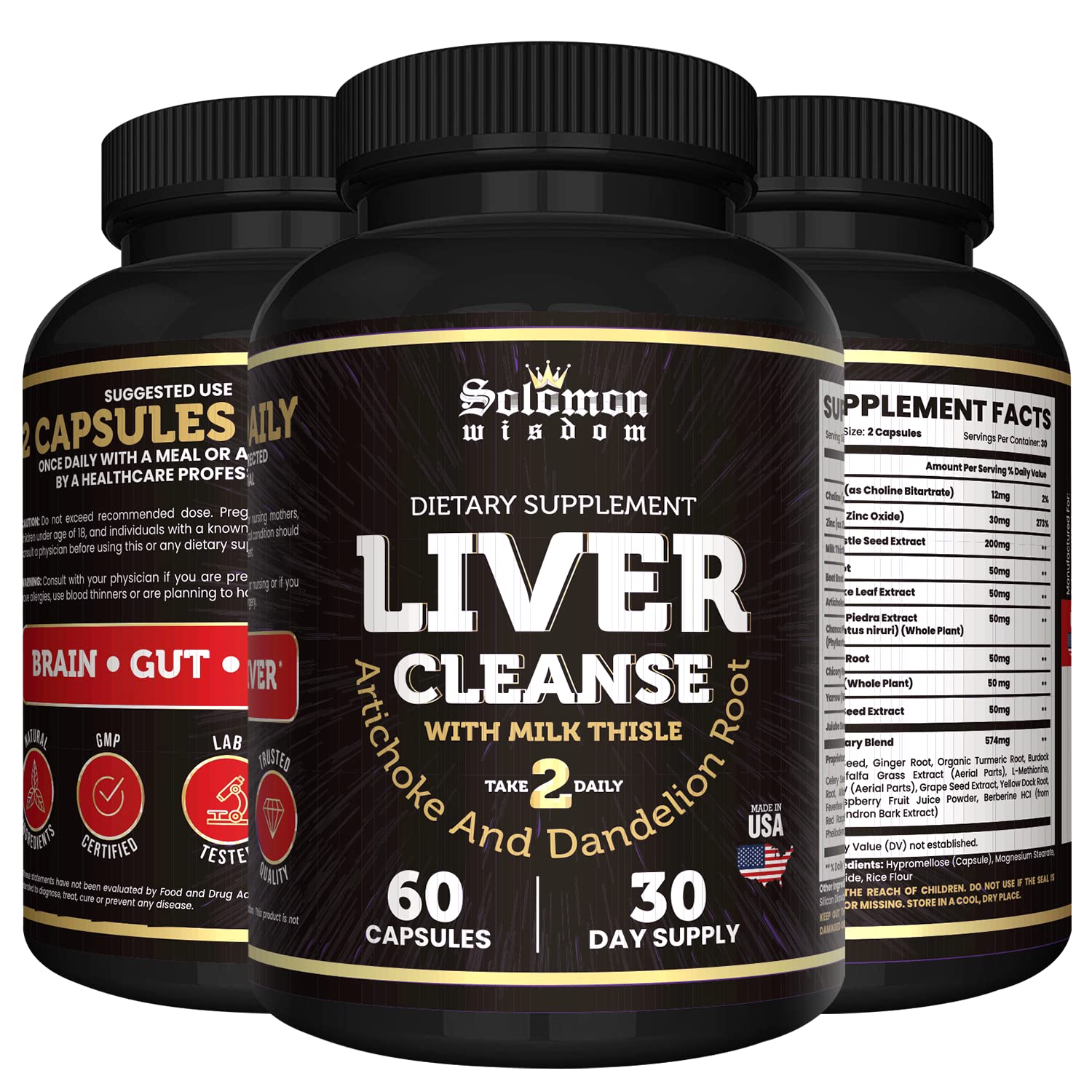 SOLOMON WISDOM Liver Cleanse Detox & Repair Formula - Herbal Dietary Supplement with Milk Thistle, Artichoke & Dandelion Root - 60 Liver Aid Capsules