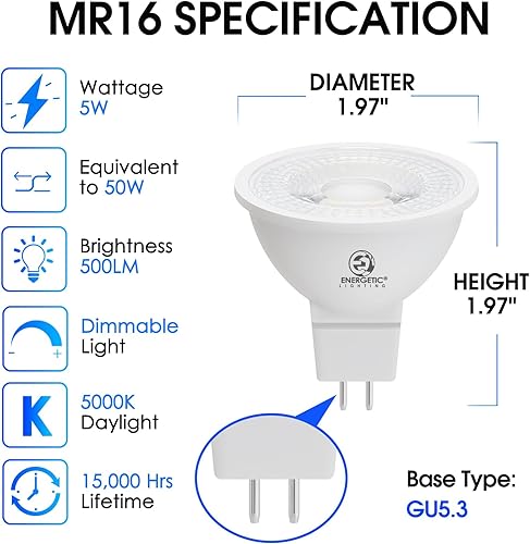 Miniatura 9 de Energetic - Bombilla LED MR16 regulable de 6 W y 12 V, equivalente a halógeno de 50 W, CRI 90+, base de dos pines GU5.3, ángulo de haz de 40 grados,