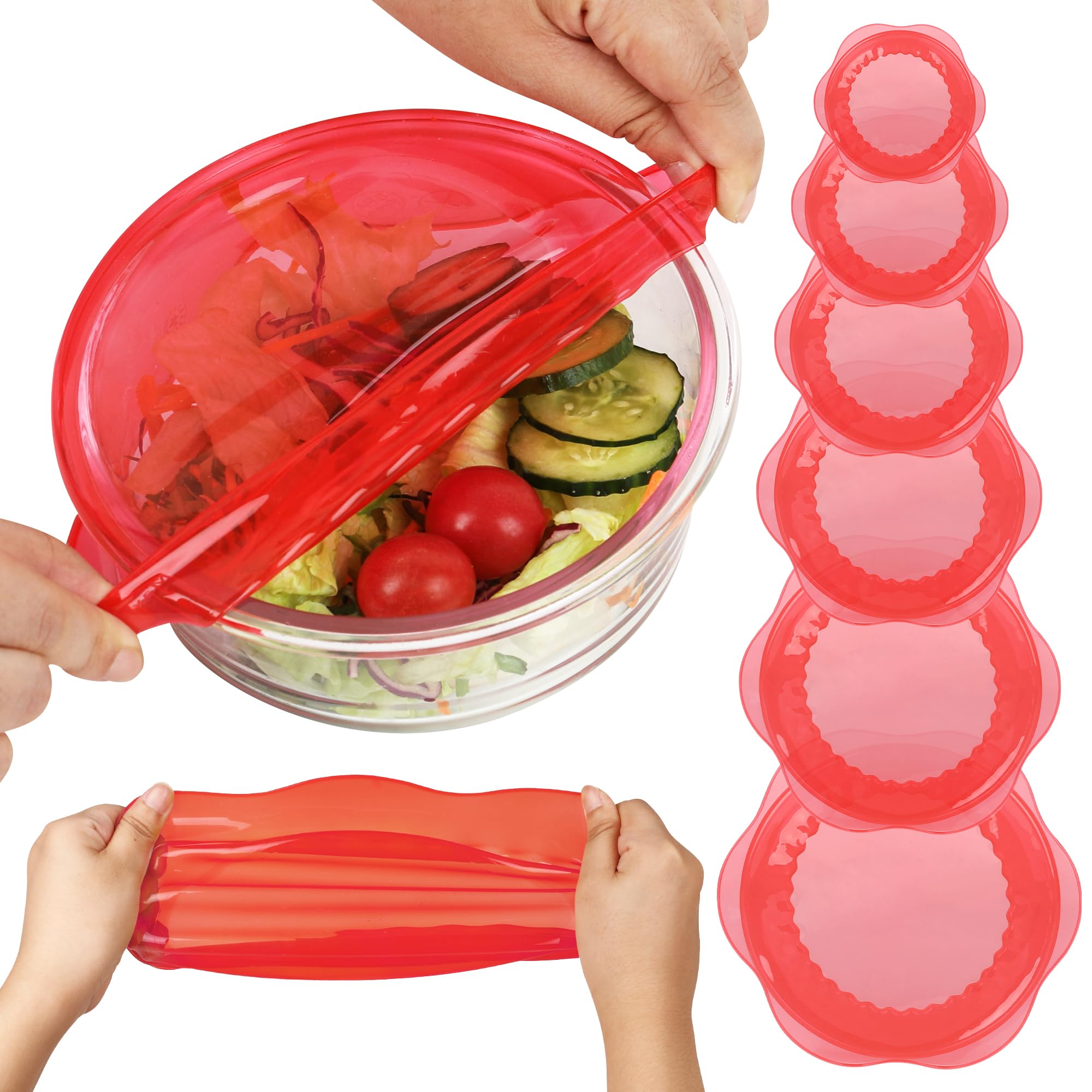 Silicone Stretch Lids for Food Storage in Fridge, Reusable Elastic Bowl Covers for Cup, Cans, Jars, Round &amp; Rectangle Container, Food Grade Silicone Microwave Food Cover, Red, 6PCS