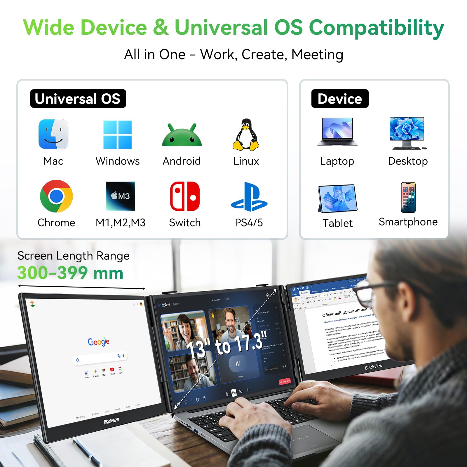 Blackview Laptop Screen, 14" Portable Monitor [FHD 1080P & Ultra-Slim Travel Monitor] Triple Screen for 13-17.3" Laptop, USB-C Plug &Play Screen for Mac/Windows/Android - 5