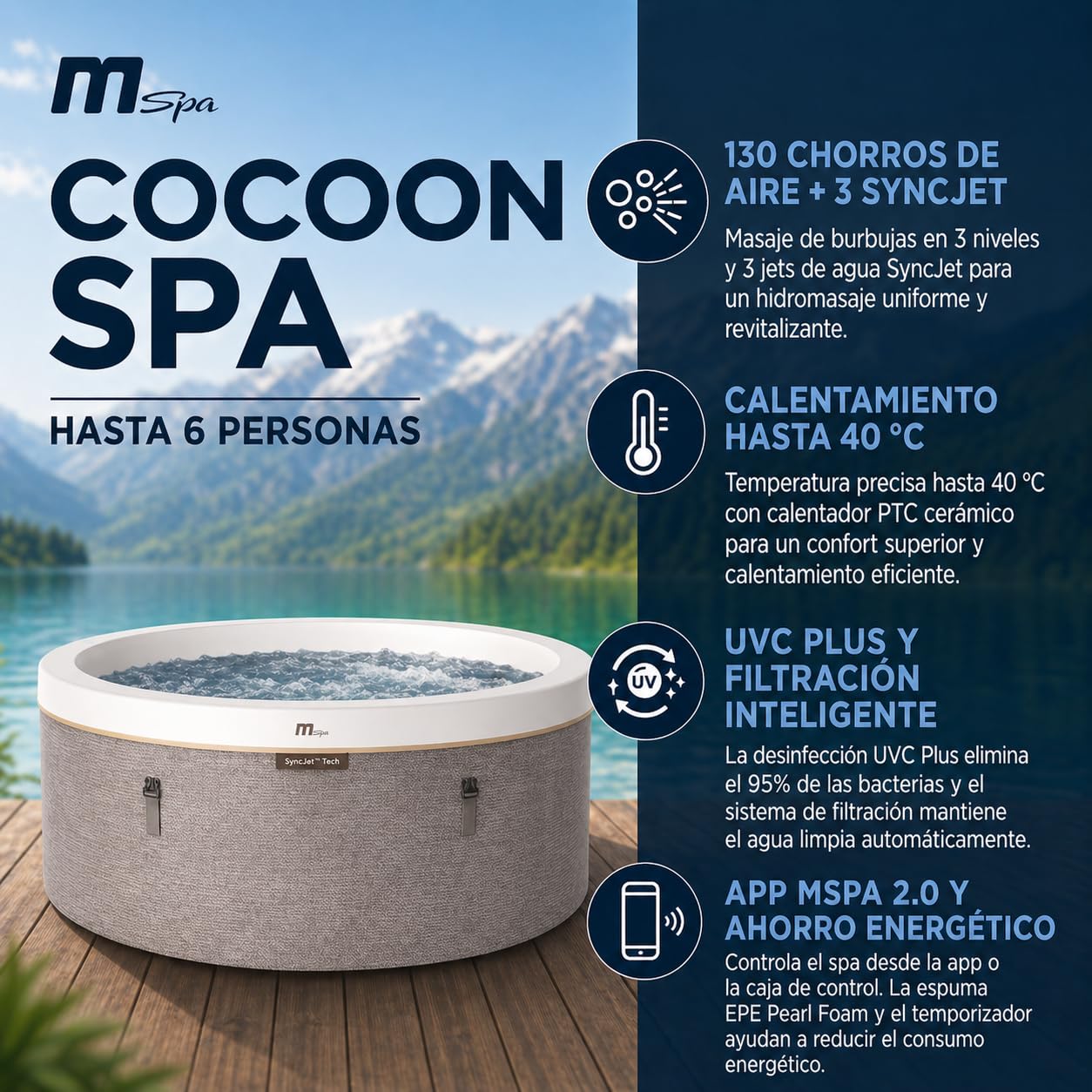 MSpa Eco SPA Hinchable semirrígido Circular 4-6 Personas con Aislamiento térmico, hidromasaje Air Jet, calefacción, filtración Inteligente, ozono y desinfección UVC