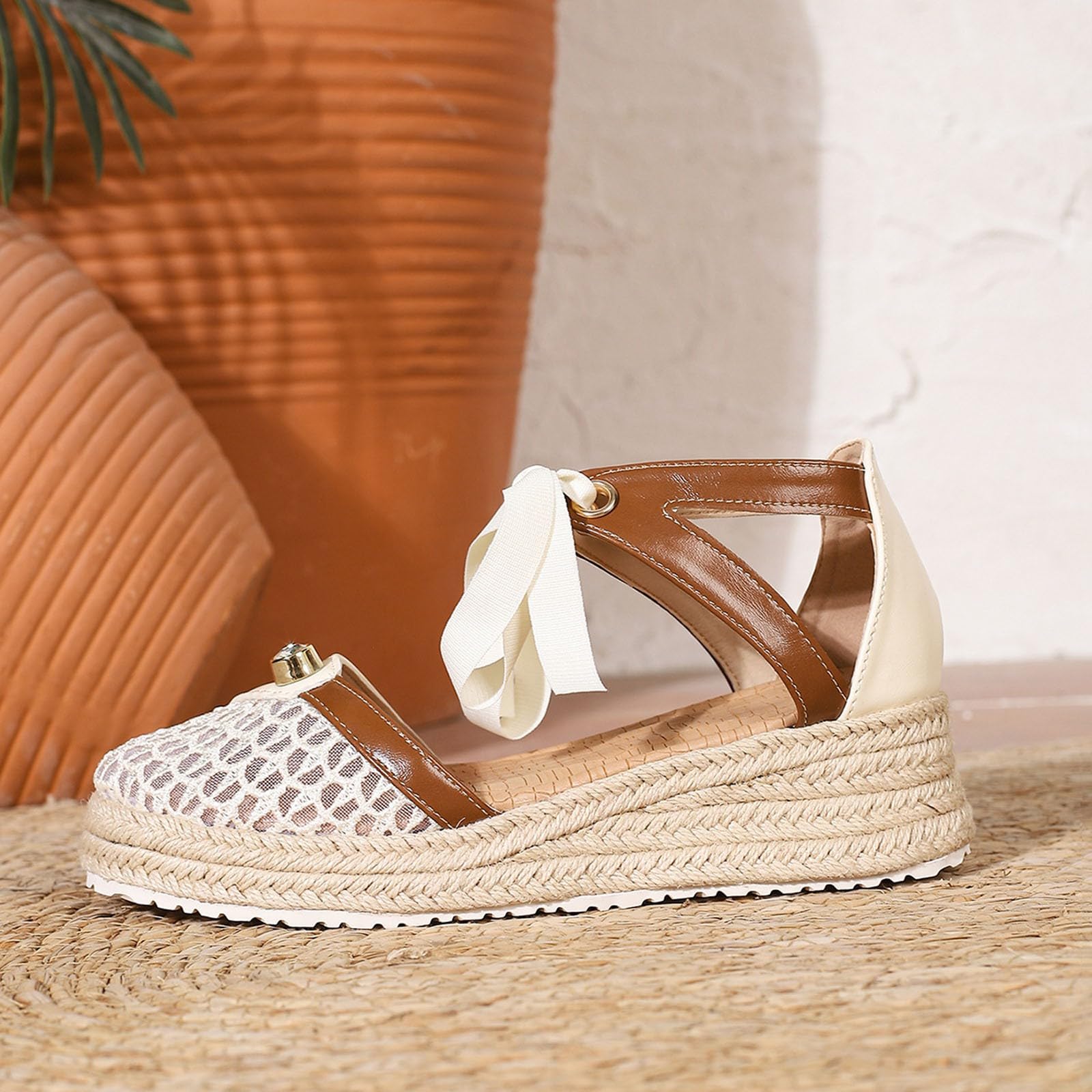 Sandalias Mujer Cuña Verano,Sandalia Mujer Comodas,de Verano Tipo Alpargata con de Cuerda y Tira para Atar al Tobillo para Comodidad Informal Plataforma Casuales para Senderismo Sandalia
