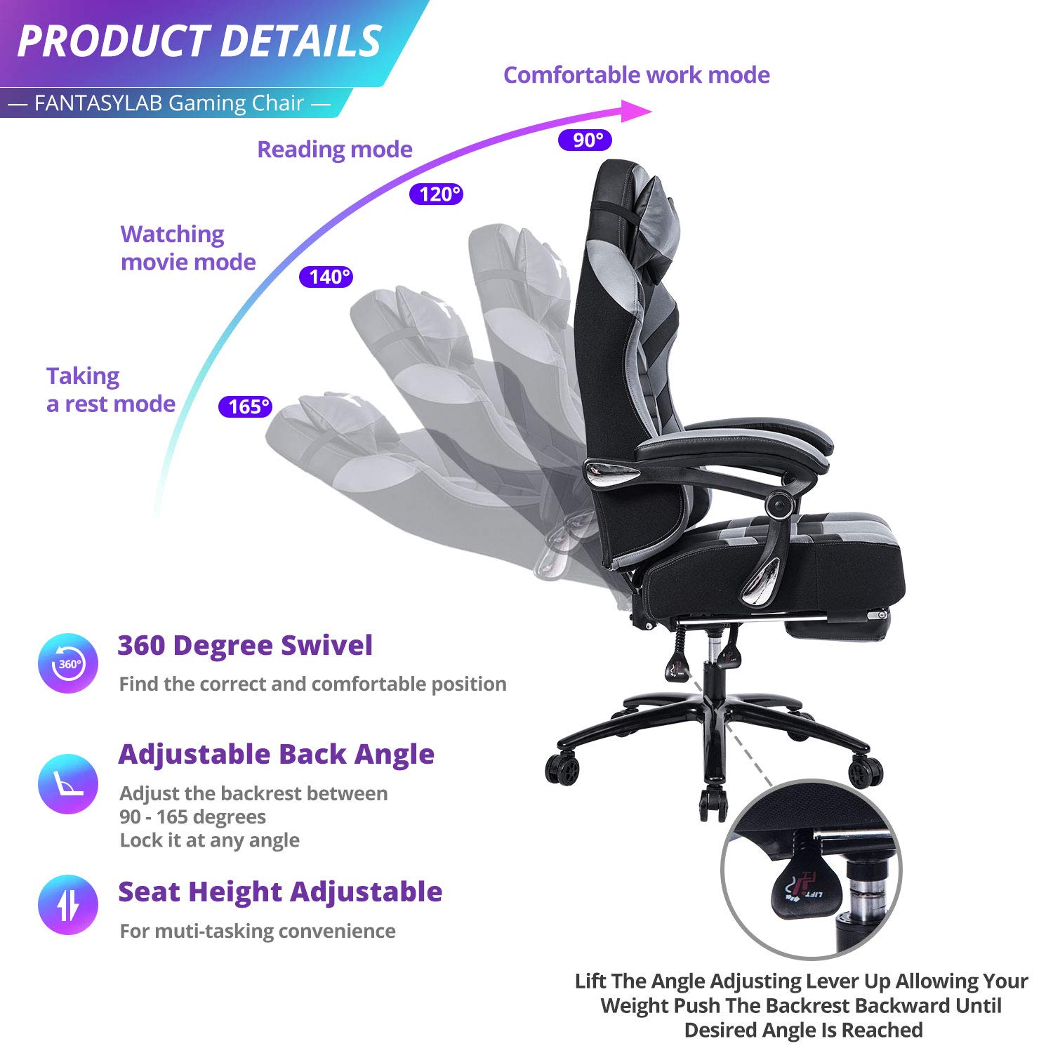 FANTASYLAB 400lb Gaming Chair Big Tall Breathable Office Racing