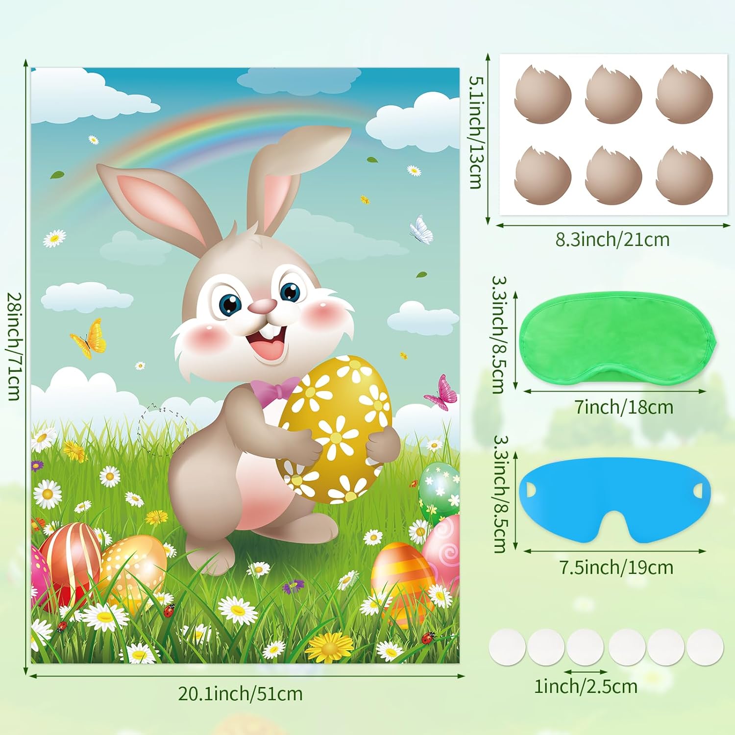 Pin The Tail on The Bunny Game with 36 Tail Stickers Happy Easter Party Game for Kids Easter Egg Hunt Activities, Large Bunny Game Poster for Happy Easter Party Decoration Supplies